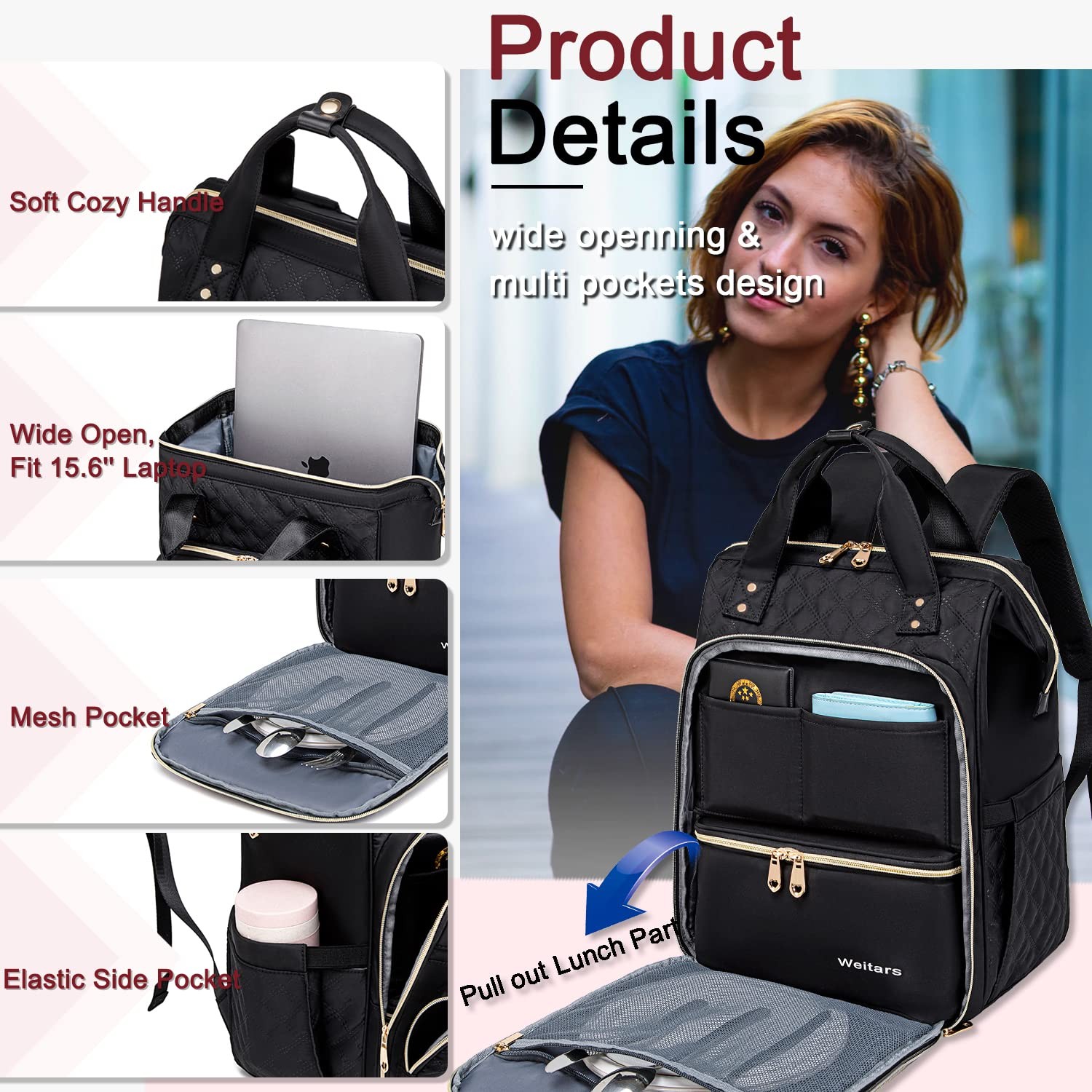 Weitars Lunch Backpack For Women,15.6 Inch Laptop Backpacks For Womens Back p…