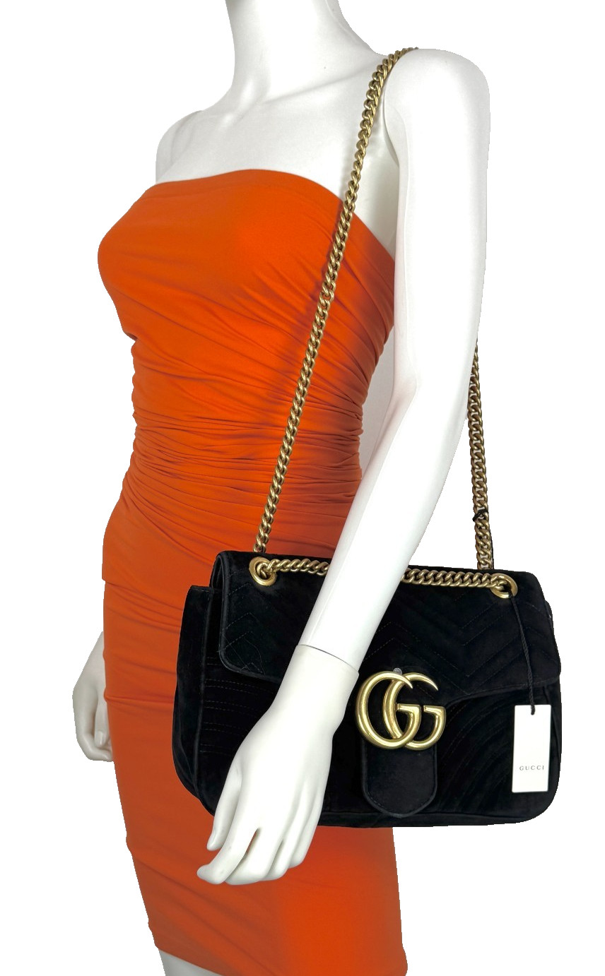 Gucci Auth Black Double G Marmont Medium Velvet Crossbody Shoulder Chain GG Bag