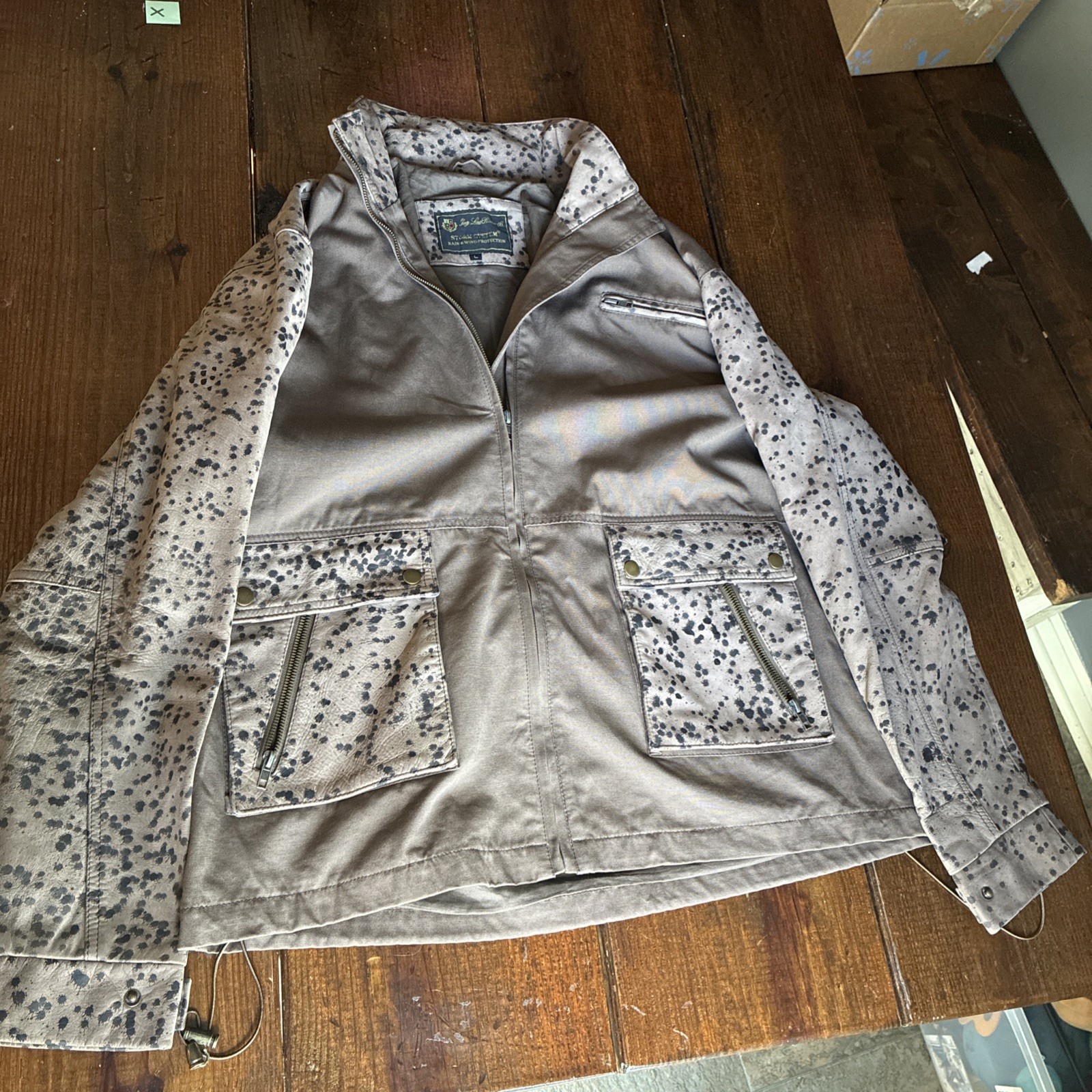 Loro Piana Storm System Rain Coat Large Leather-Trim Jacket Speckled Design