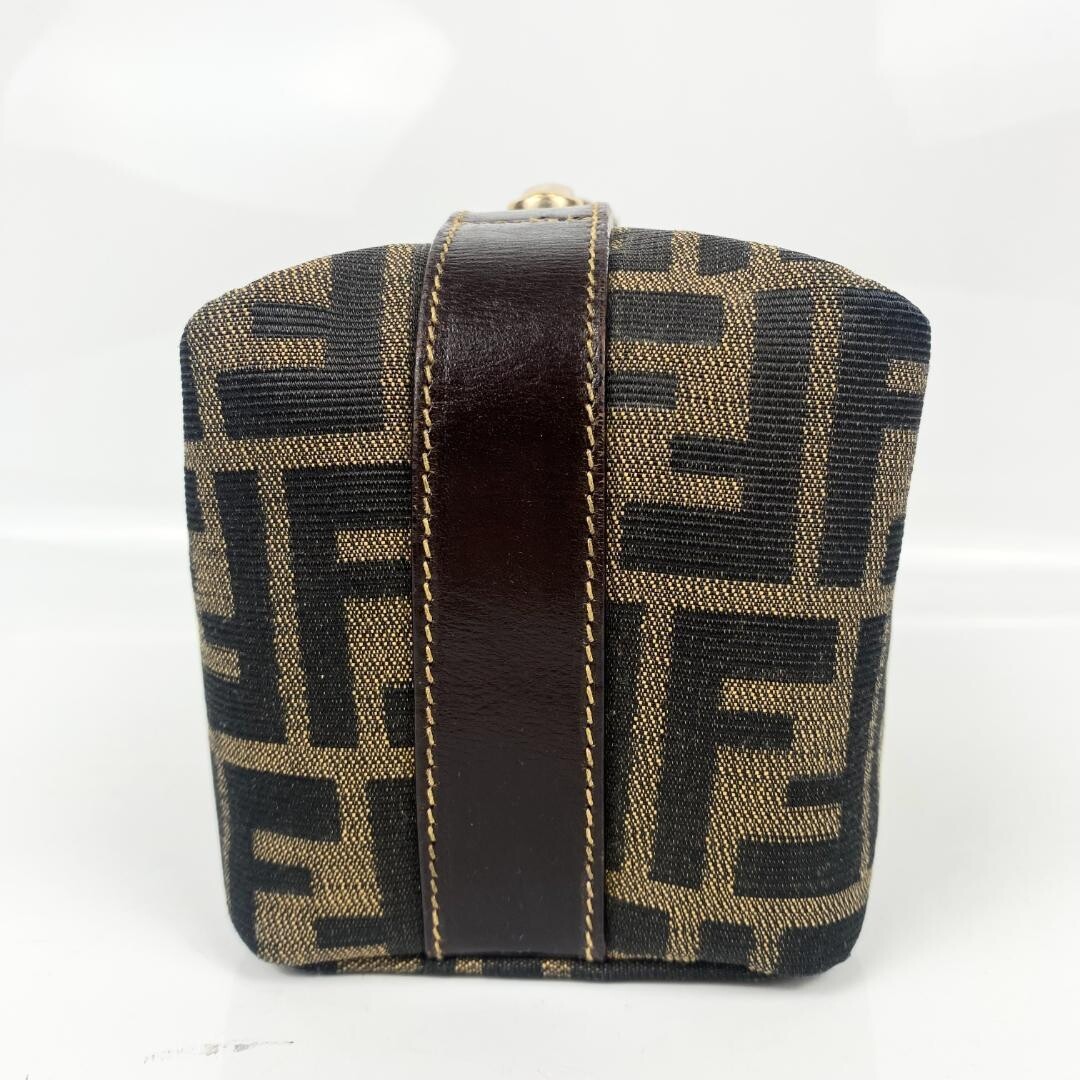 Fendi Zucca FF Logo Vanity Bag Canvas Leather Brown Gold Italy Top Handle Zip