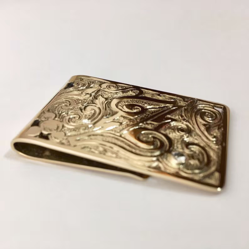 10K Yellow Gold Over Diamond Accent Hand-Engraved Initial Monogram Money Clip 1P