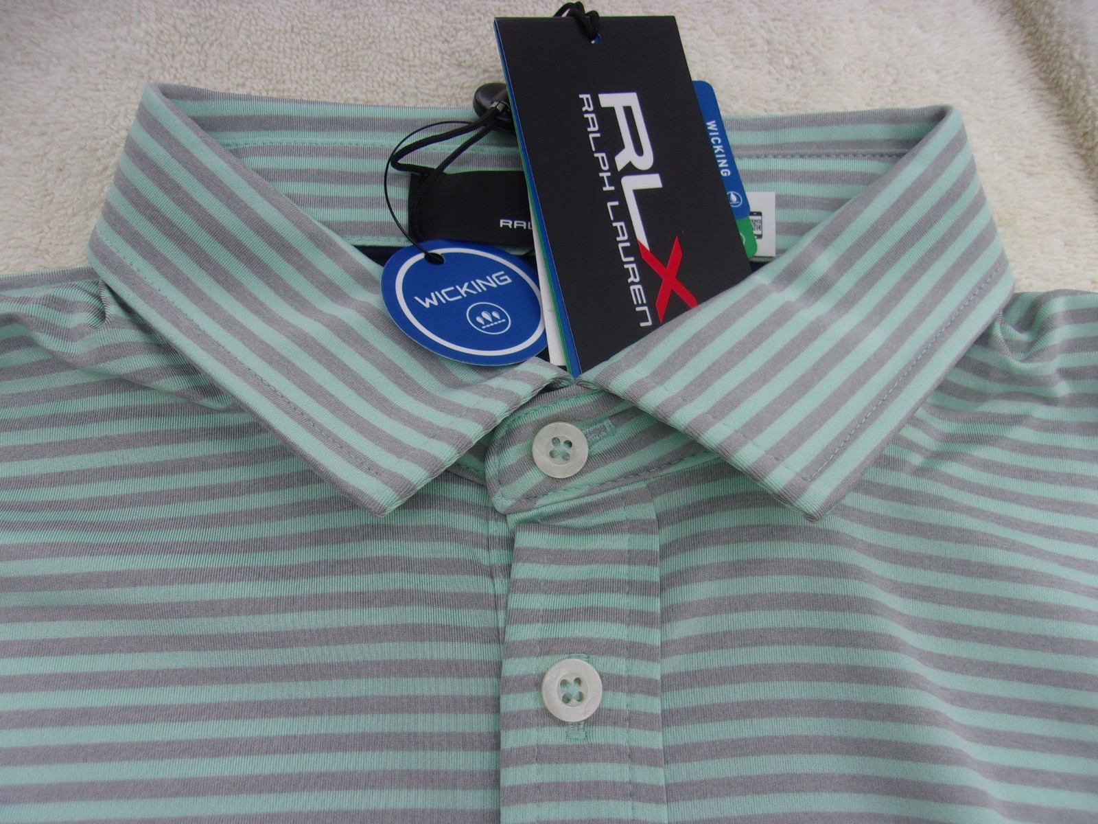 NWT Ralph Lauren RLX short sleeve polo, men’s M, $95, green, gray stripes