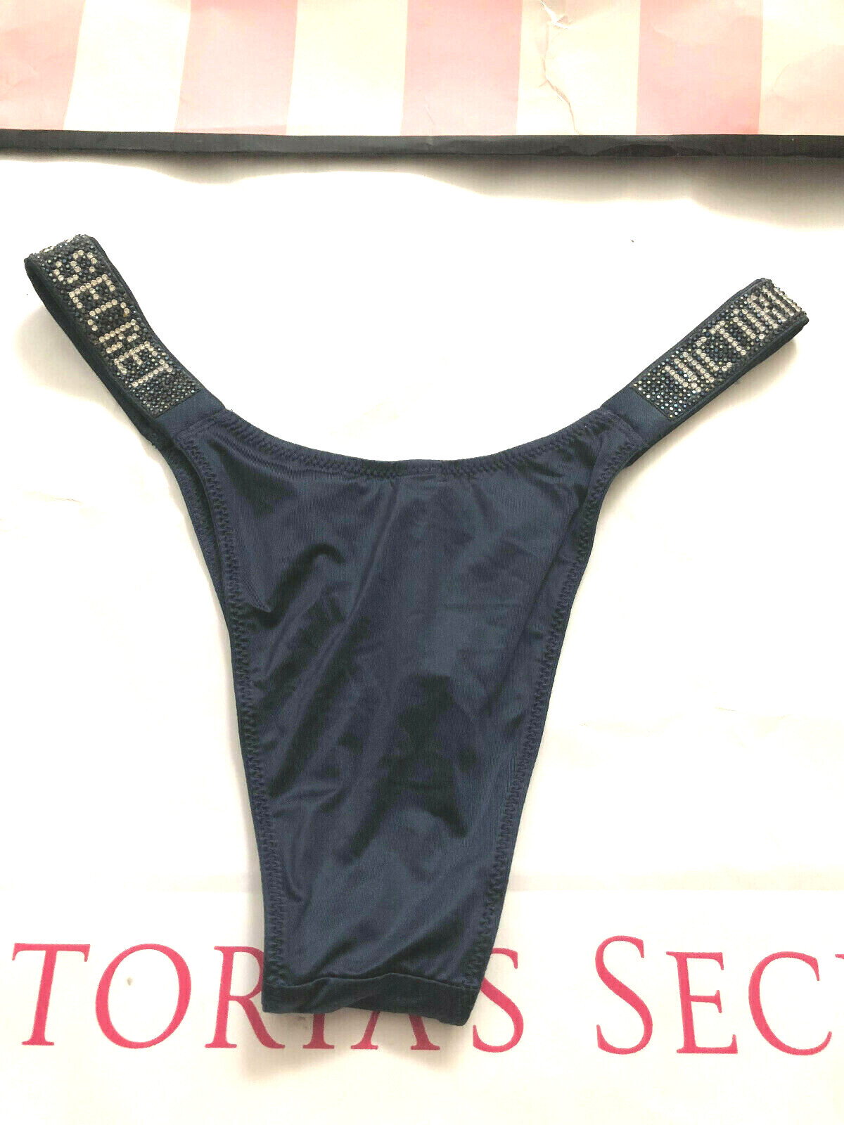 Victorias Secret Bombshell Shine Thong Panty Bling Rhinestone Logo Navy S NWT