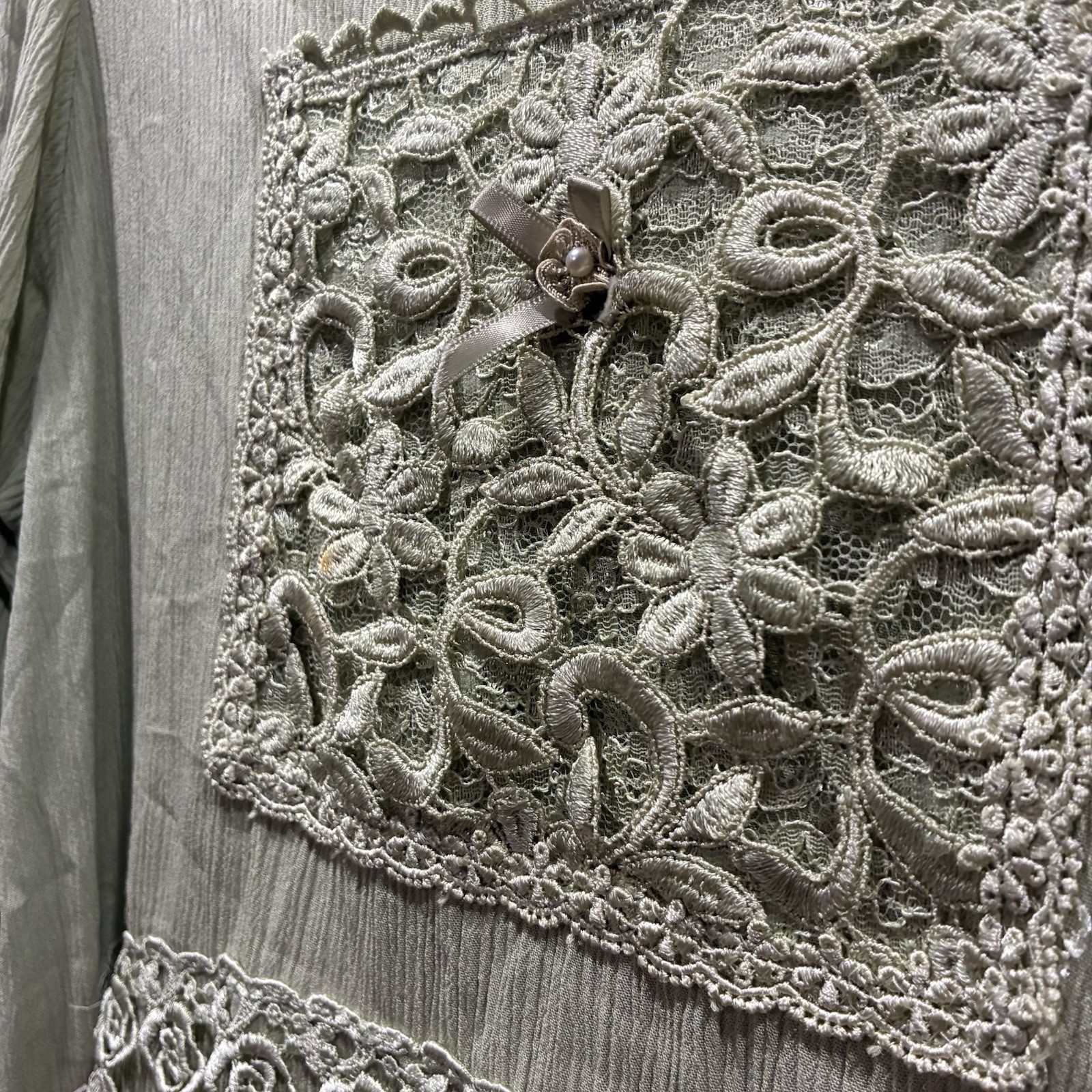 Magnet Art Sage Green Rayon Floral Lace Maxi Dress Boho Autumn Wedding Guest M