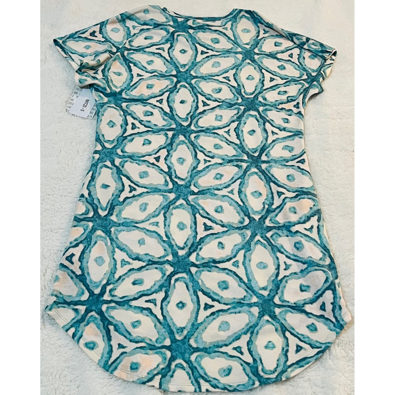 LuLaRoe Mitzi Top Small Teal White Geometric Kaleidoscope High Low Tunic NWT
