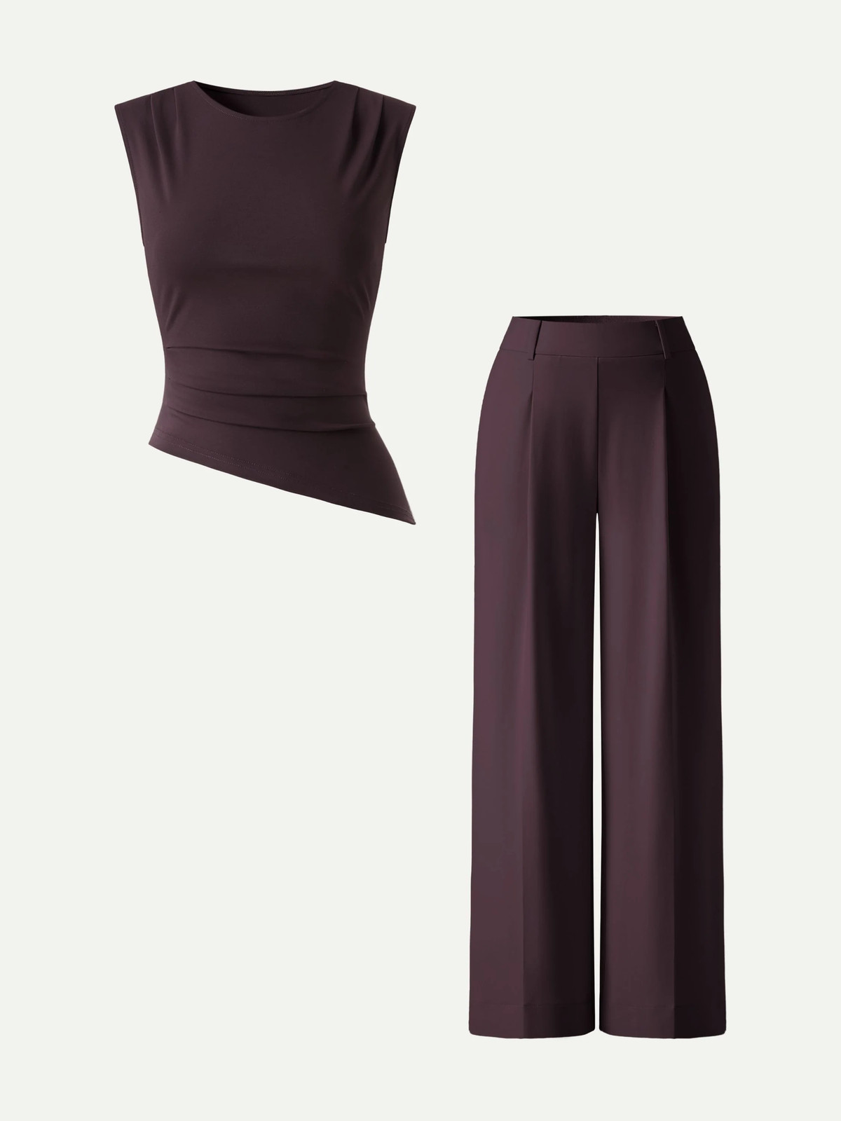 2Pcs Set Tucked Asymmetrical Hem Top & High Rise Wide Leg Pant