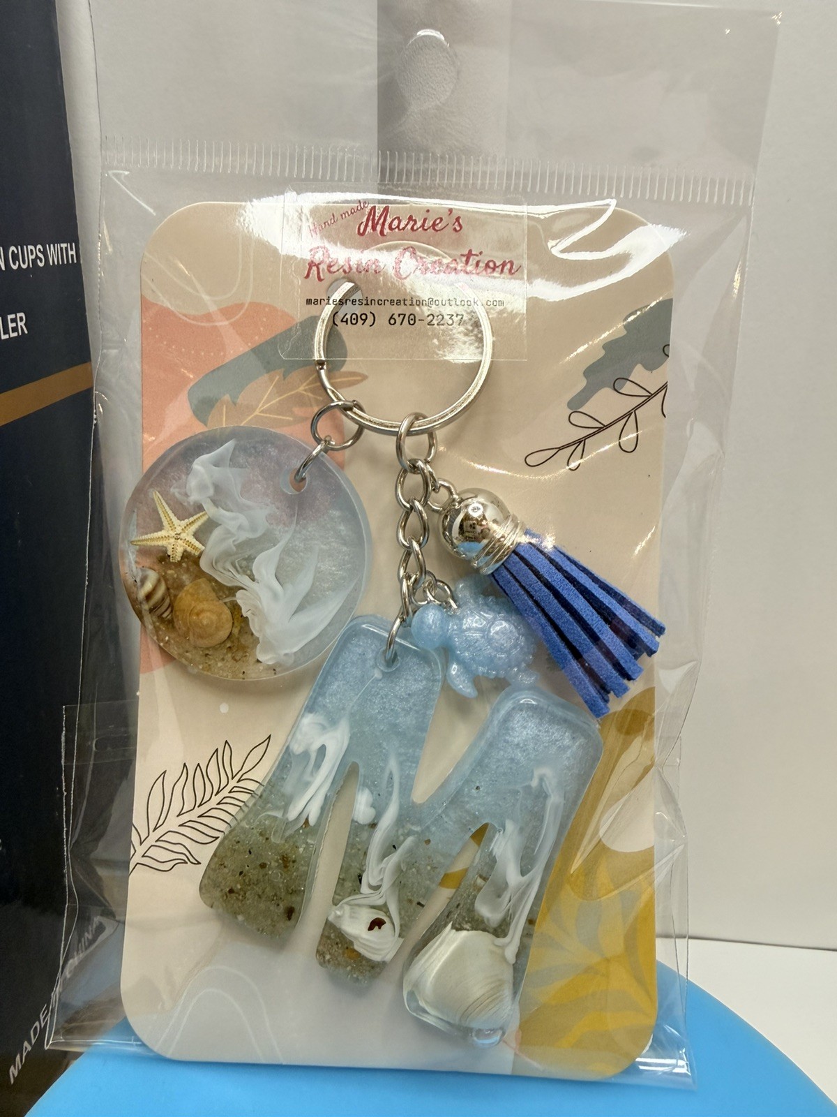 Custom made keychain Beach Theme Baby Blue Resin Keychain.