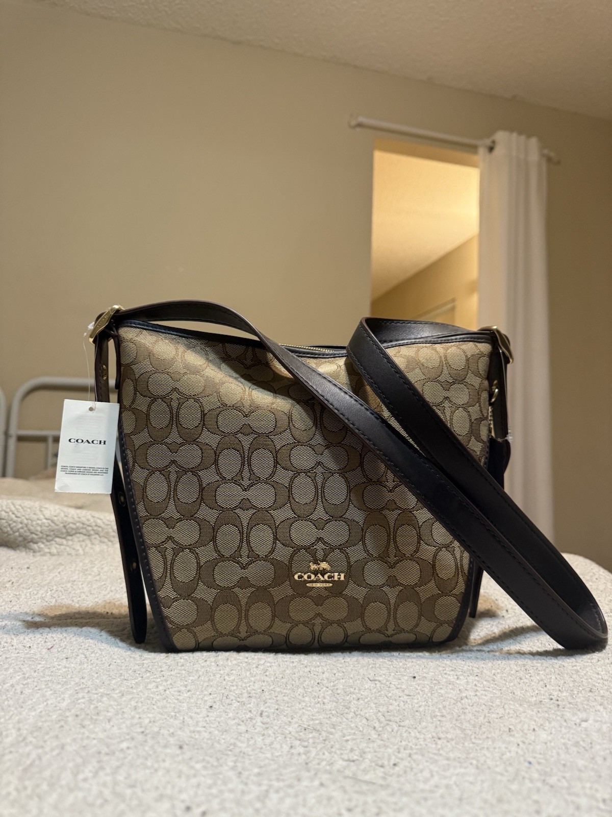 Coach Signature Small Dufflette Crossbody Bag Zip Closure Khaki/Brown