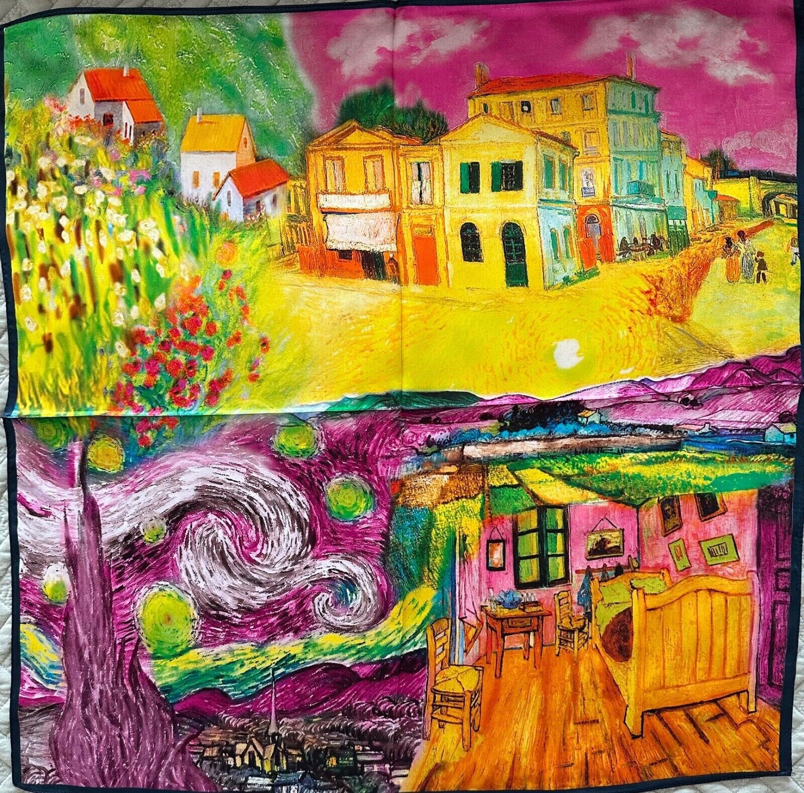 27″X27″Van Gogh Oil Painting Print Pure Mulberry Satin Silk 14momme Scarf68x68cm