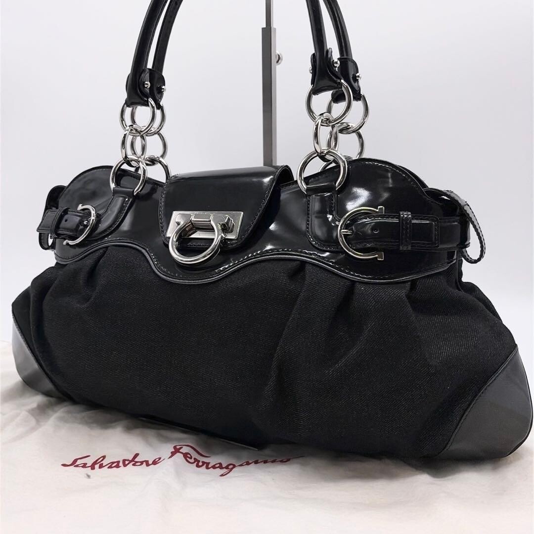 SALVATORE FERRAGAMO Shoulder Bag Marisa Denim Black Authentic From Japan