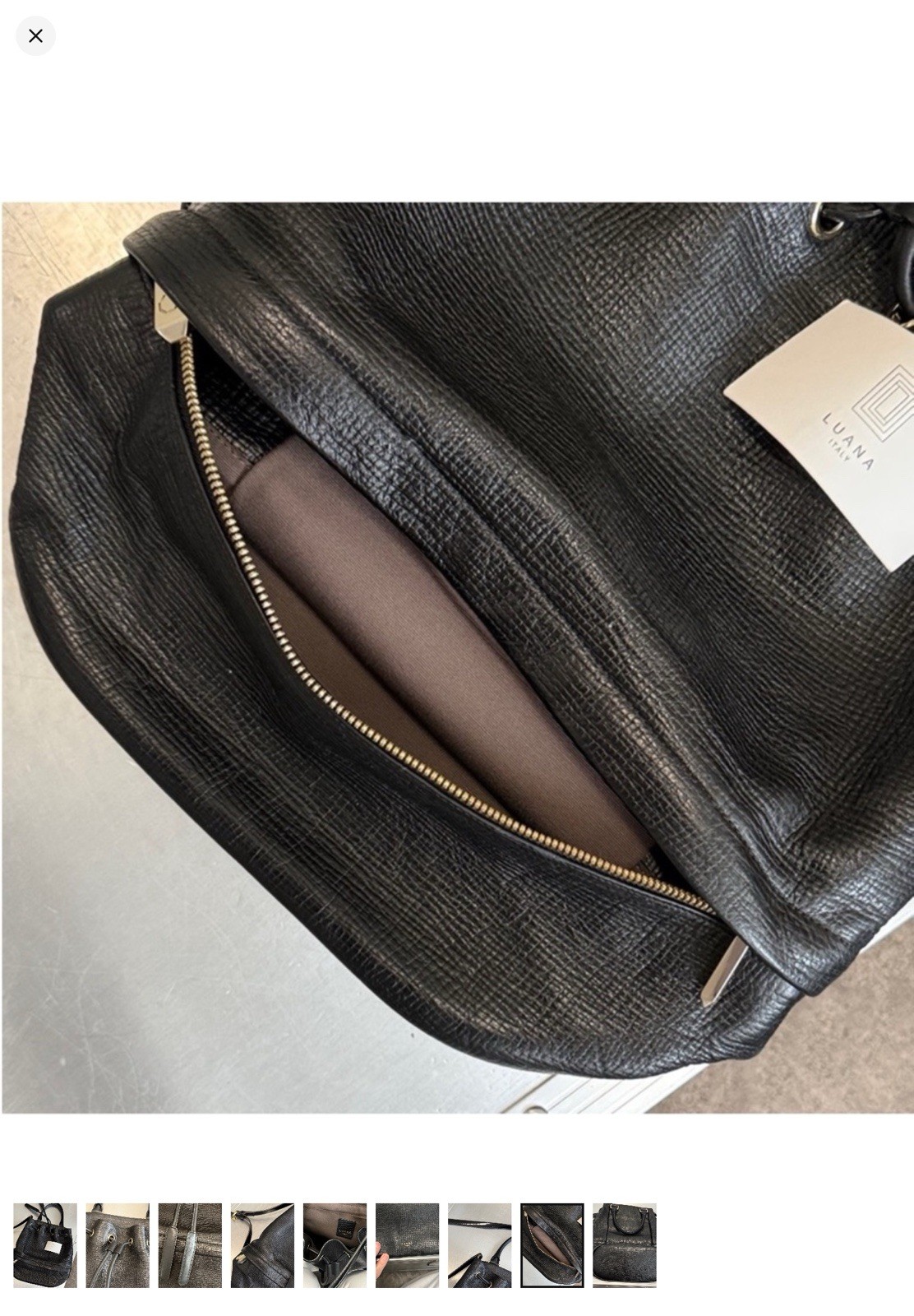 Luana Italy Black Bucket Drawstring Bag, Double Handles, Silver Hardware