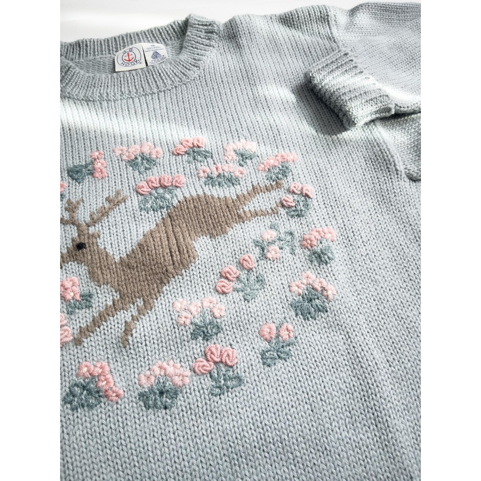 vtg JG Hook blue gray wool deer stag floral embroidered sweater M