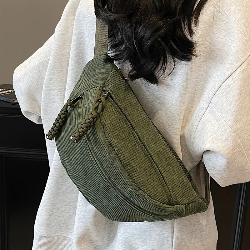 Women Corduroy Crossbody Bag Adjustable Strap Multi Pocket Waist Bag