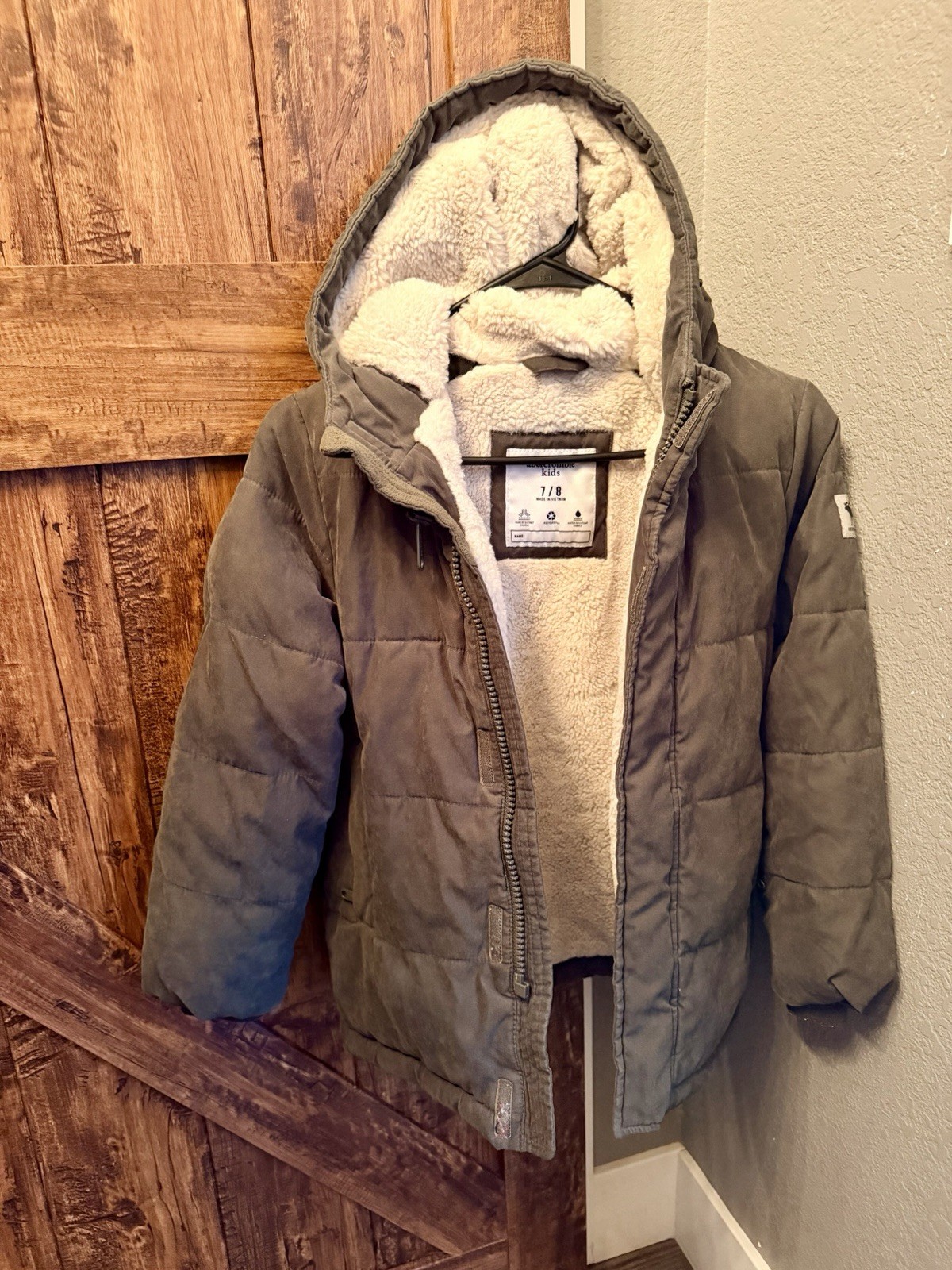 Abercrombie Gray Hooded Lined Full Zip Puffer Jacket Short Teens 7/8