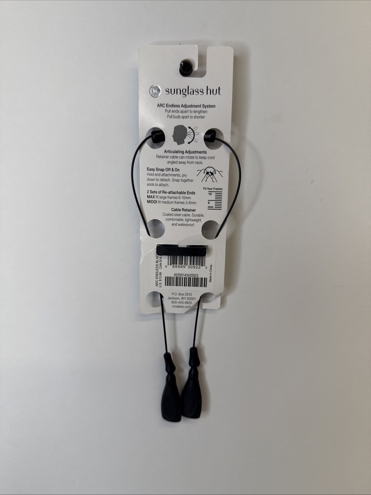 Sunglass Hut Croakies Arc Endless Black Cable Retainer 16” Fits Frames 3-10mm