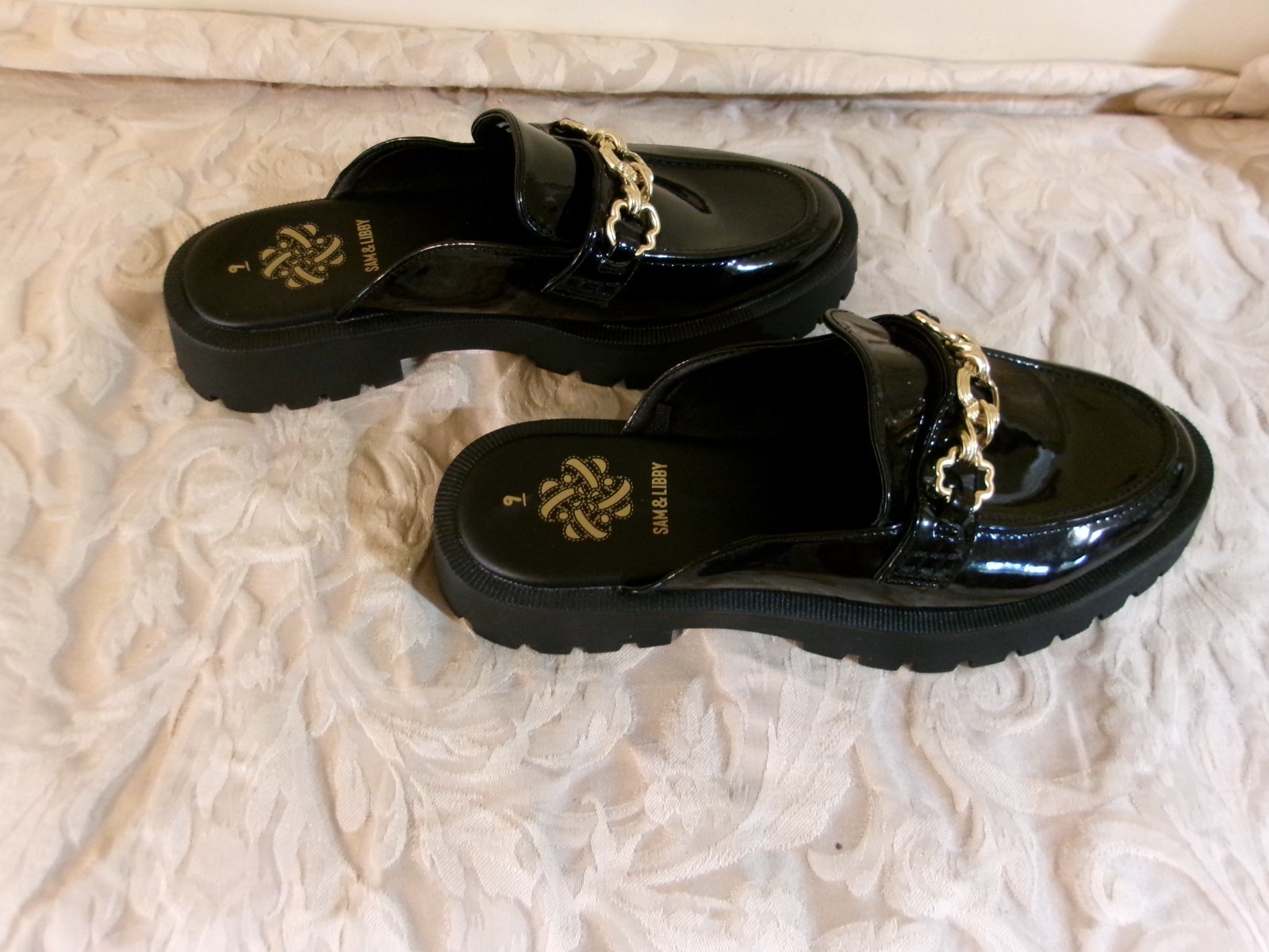 Sam & Libby Reese Black Patent Leather Mules Chain Loafers Chucky Platform