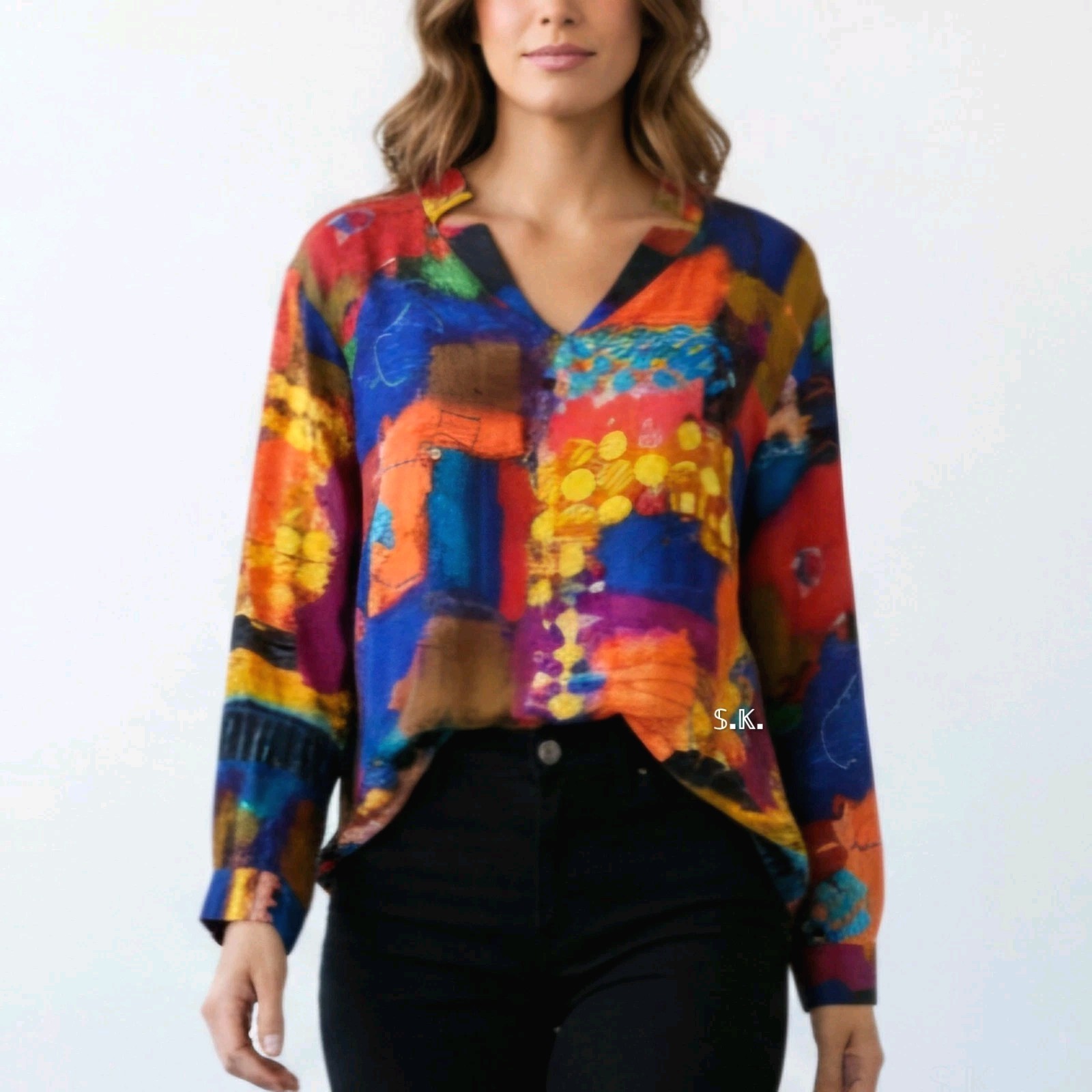 Lemon Grass NY Wearable Art Abstract Vibrant Colorblock V-Neck Tunic Top size XL