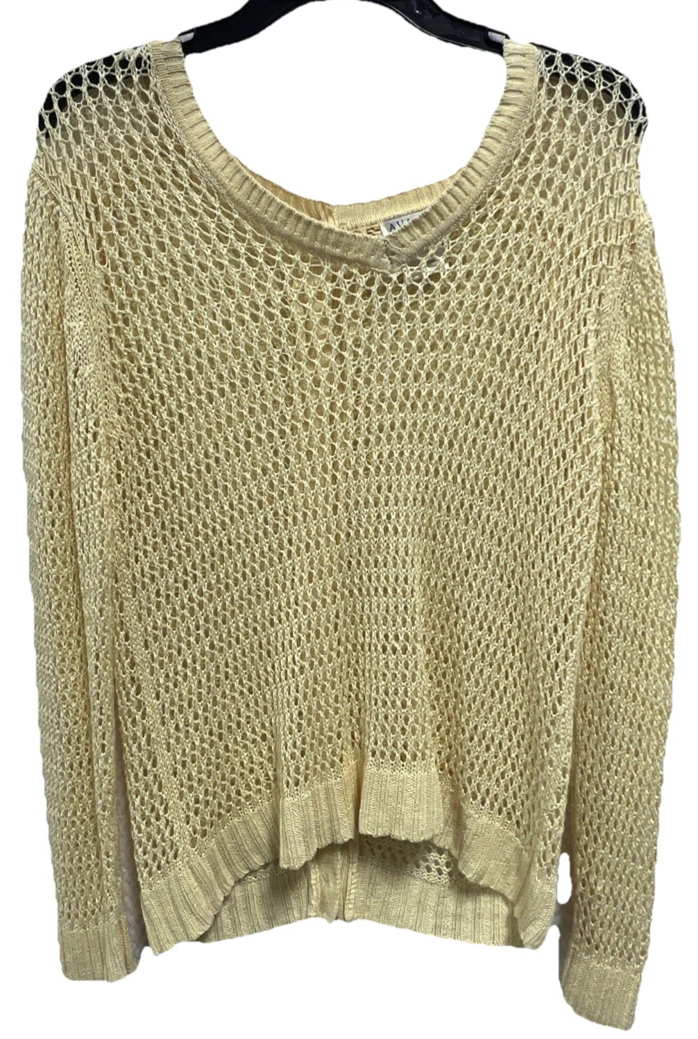 Avalin Yellow Open Weave Mesh Sweater Linen Blend Button Back Boho Coastal L