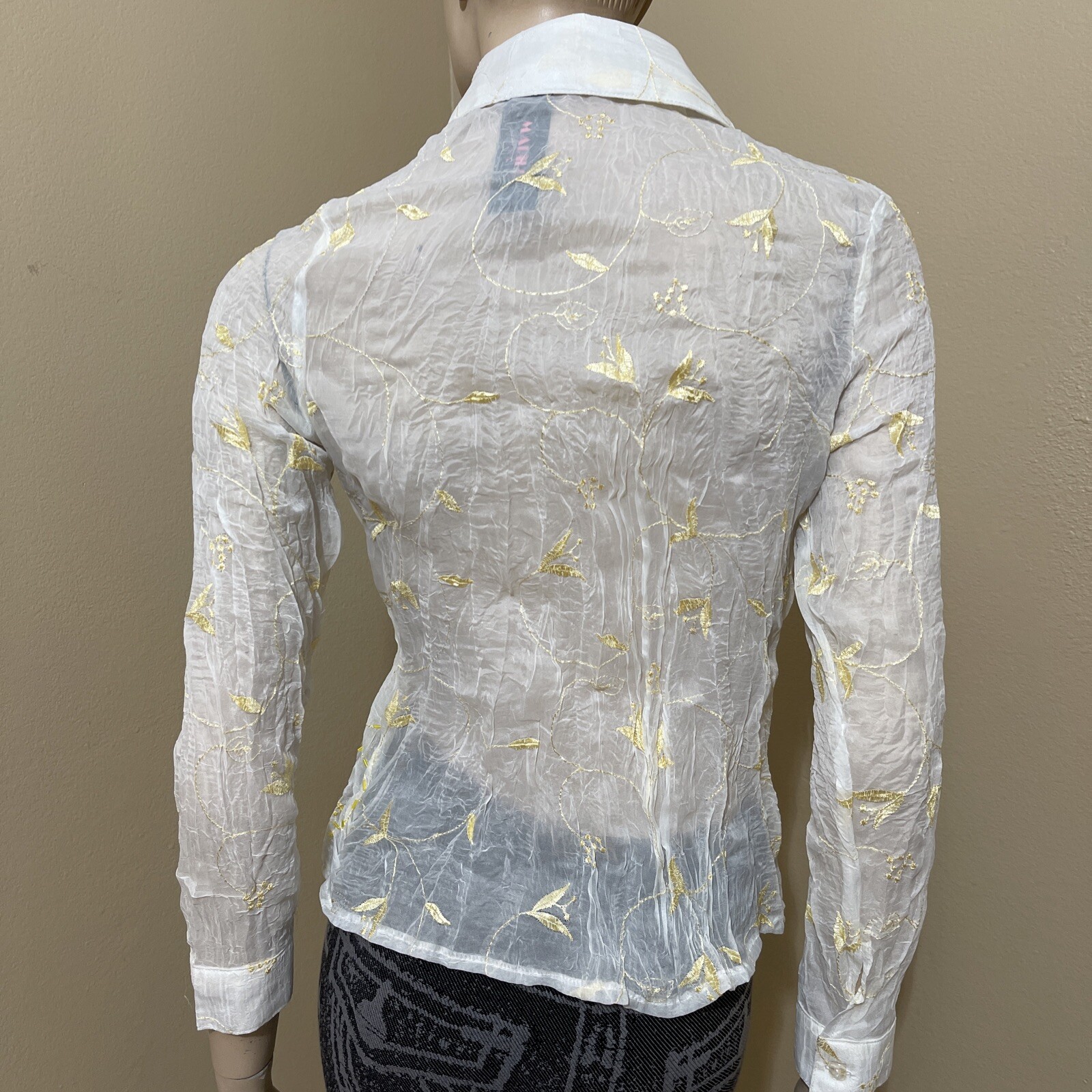 Women’s Ivory Polyester Sheer Yellow Embroidering Beaded Size L Button Up Top