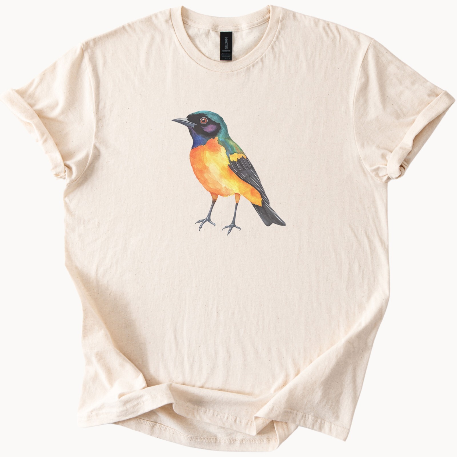 Tropical bird watercolor graphic shirt with colorful orange bird art