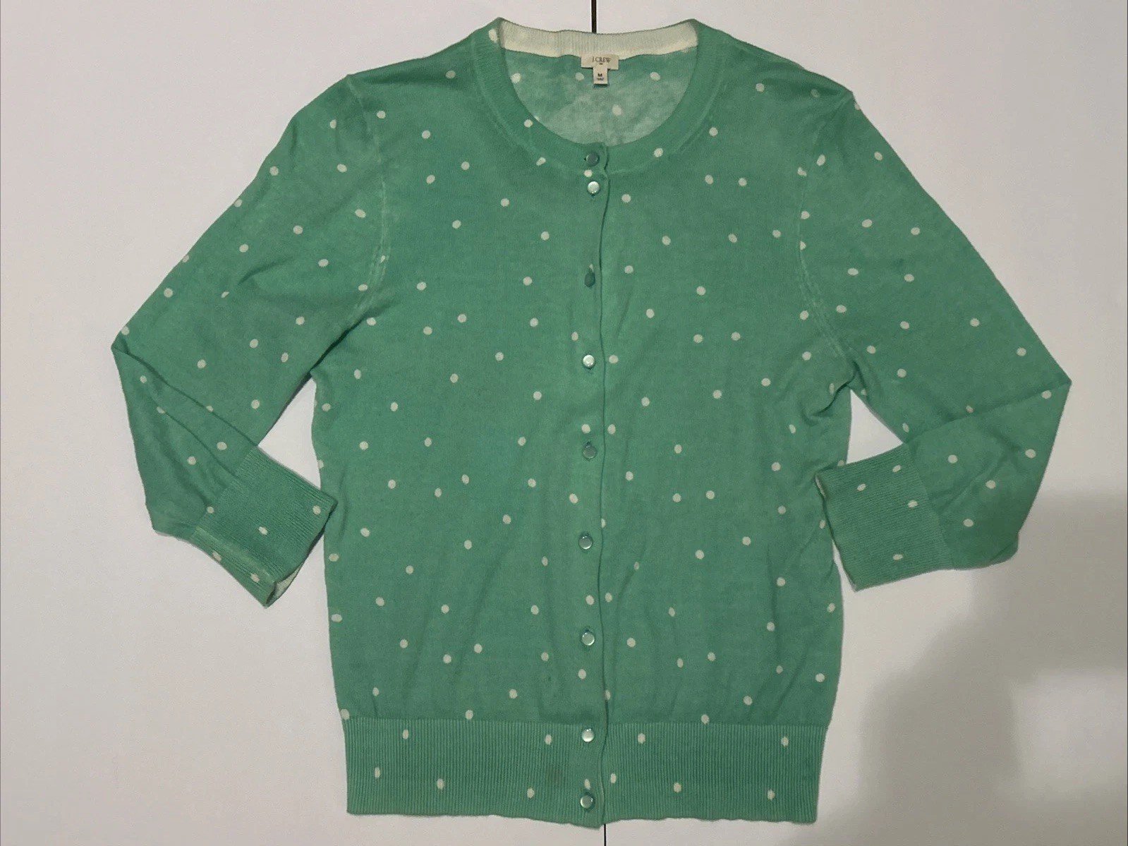JCrew Size M Thin Teal Cardigan With White Polka Dots