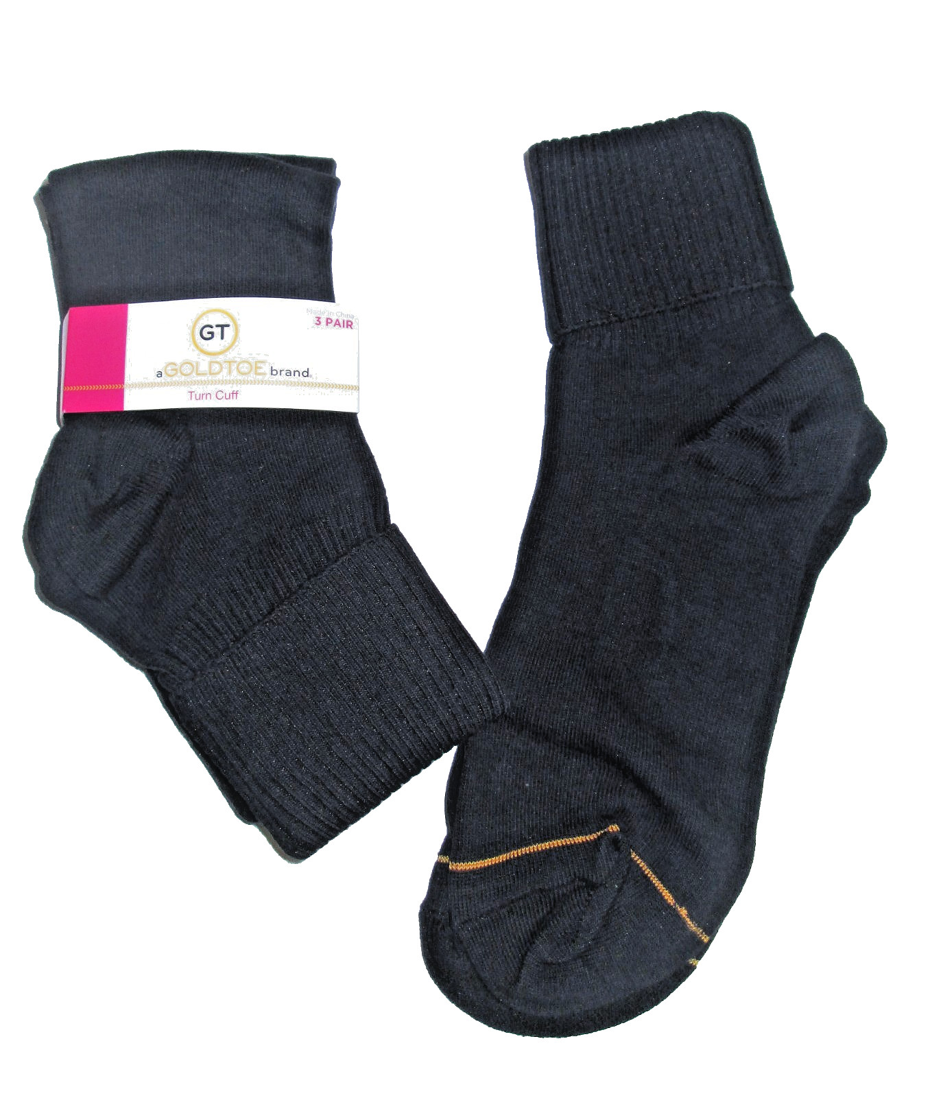 3 Pairs Womens Gold Toe Black Light Weight Ribbed Top Turn Cuff Socks