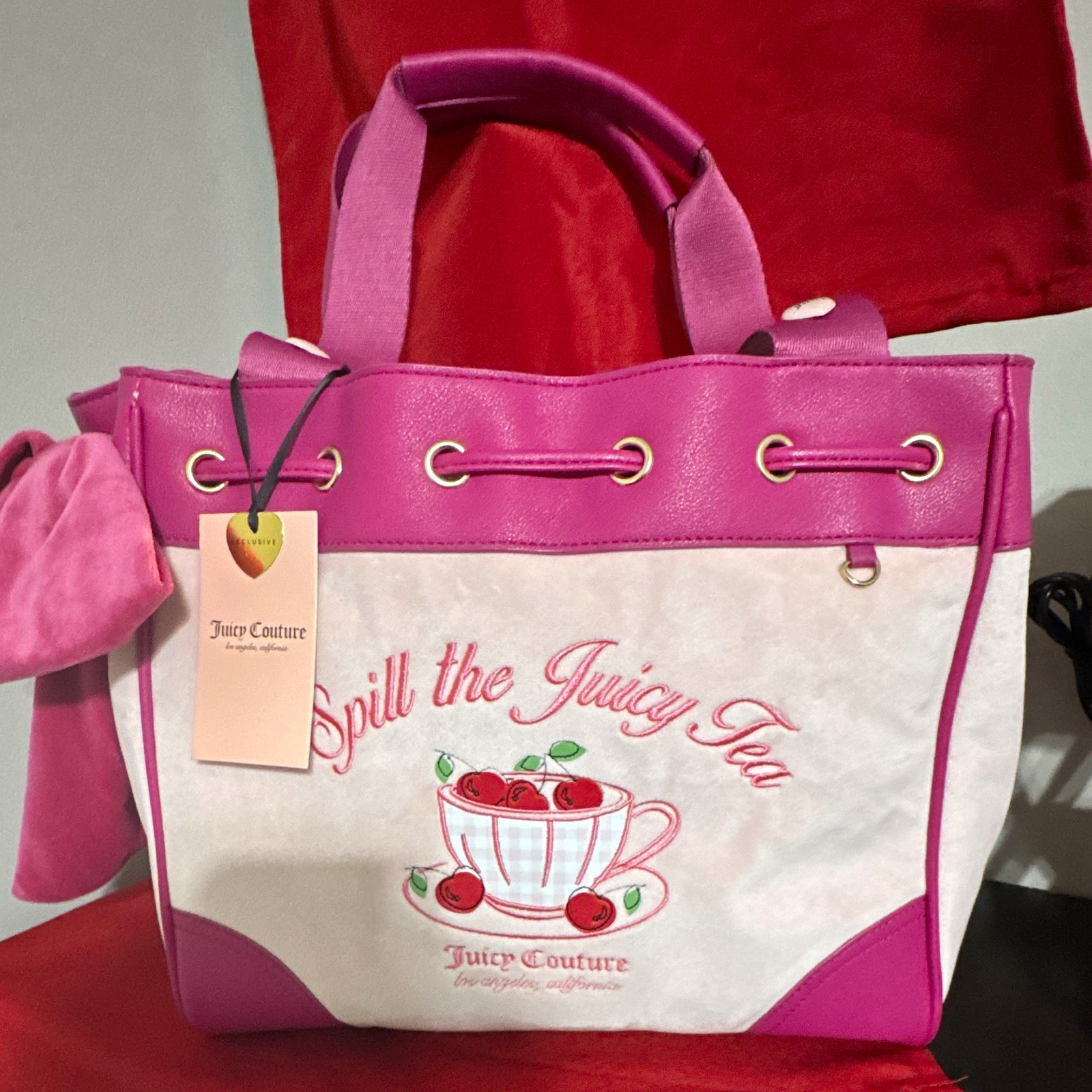 Juicy Couture Pink White Logo Tote Bag Drawstring Lined Inner Pockets Bow Charm