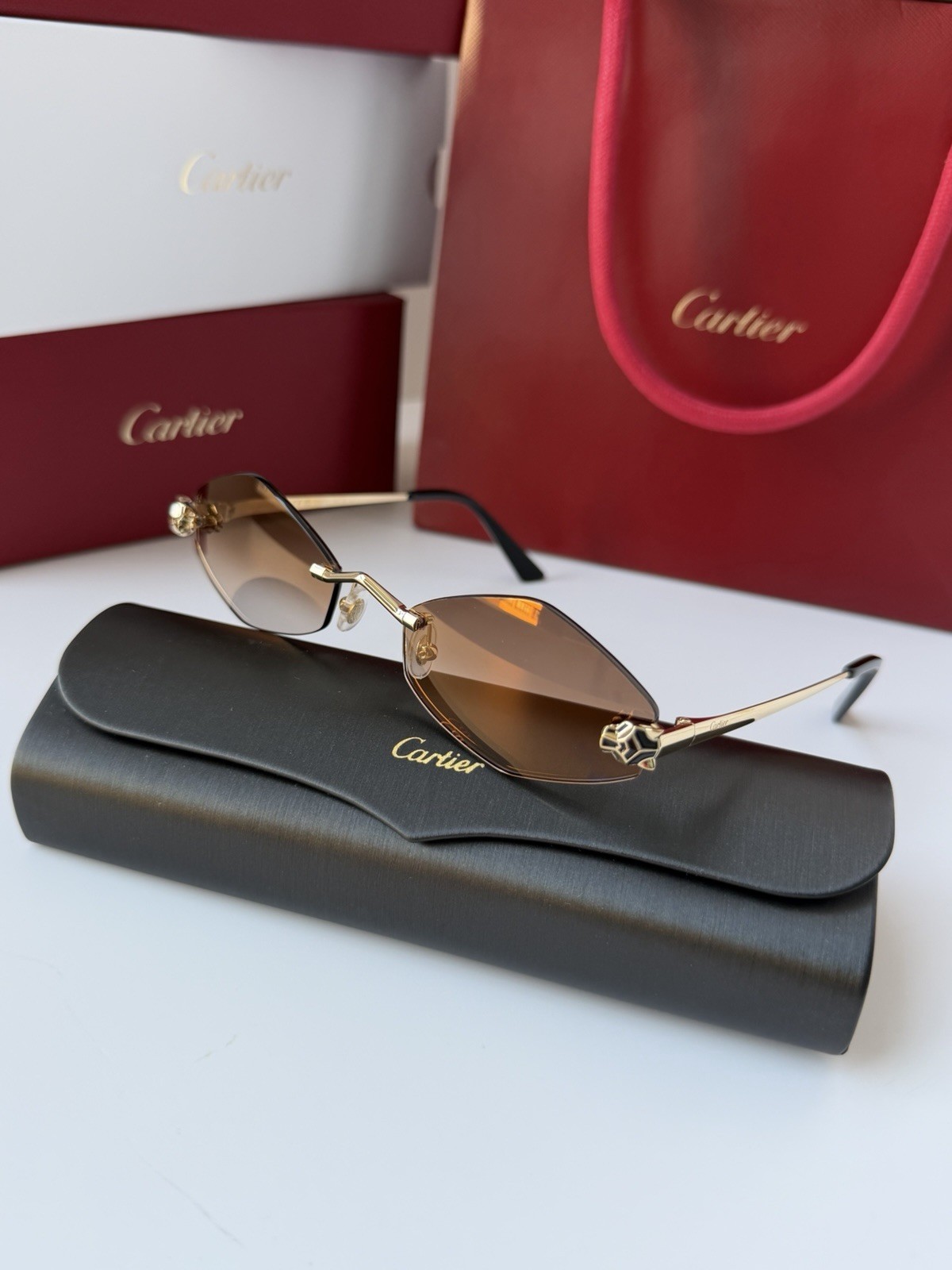 CARTIER Panthere De Cartier Sunglasses CT0433S 002 Gold Brown Lens AUTHENTIC