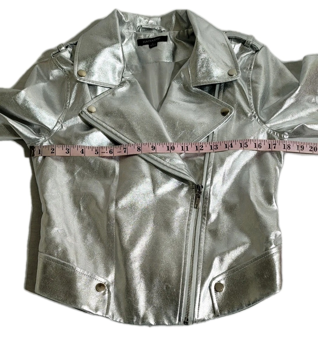 Haoduoyi Womens Size M Silver Metallic Faux Leather Full Zip Long Sleeve Jacket