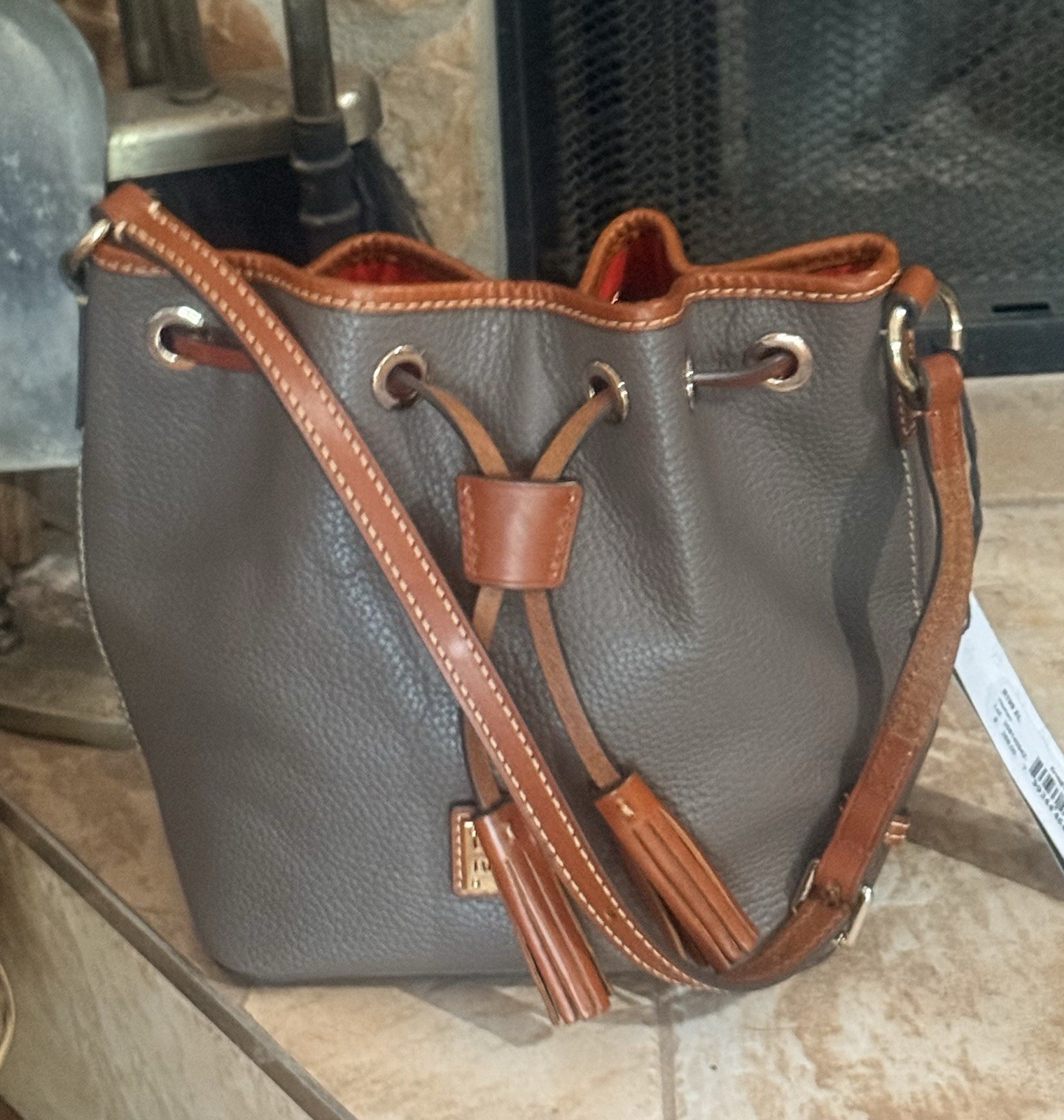 Dooney & Bourke Small Gray Brown Drawstring Bucket Bag, Detachable Strap