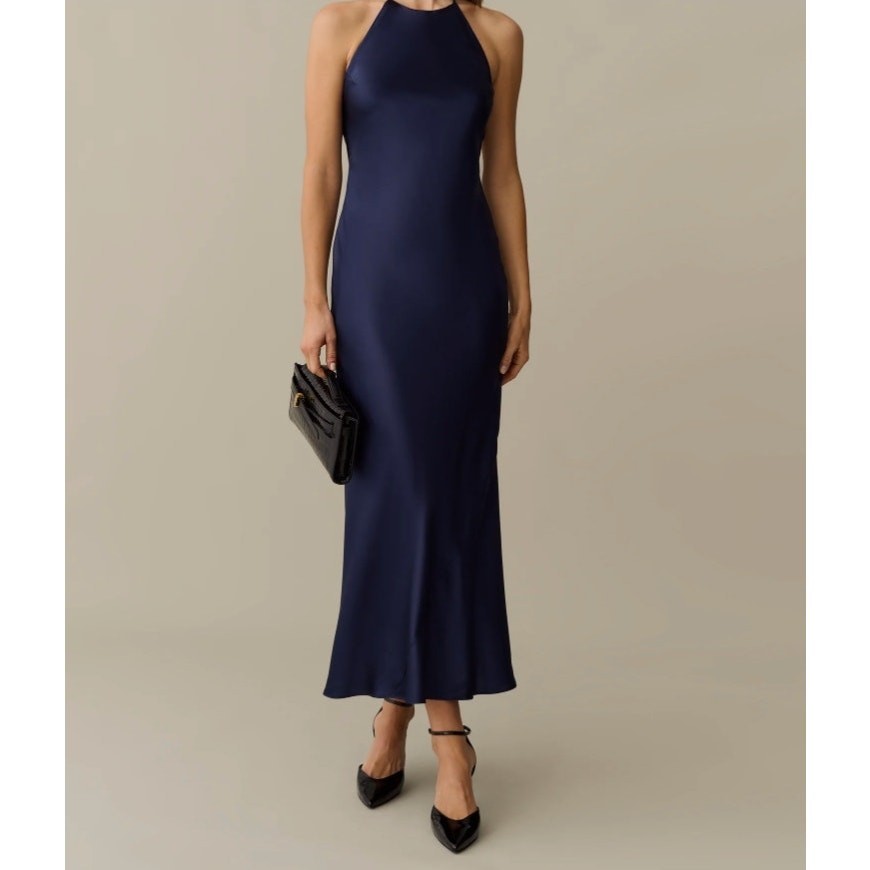 XXL Navy Blue Satin curvy sleeveless high neck lightweight midi maxi dress