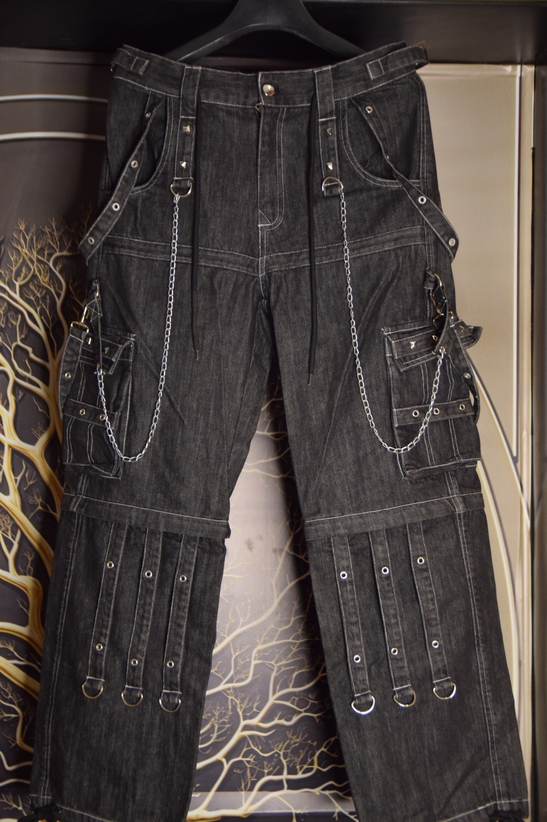 Men’s Gothic Cargo Jeans Black Denim Punk Chain Wide Leg Cyber Y2K Pants