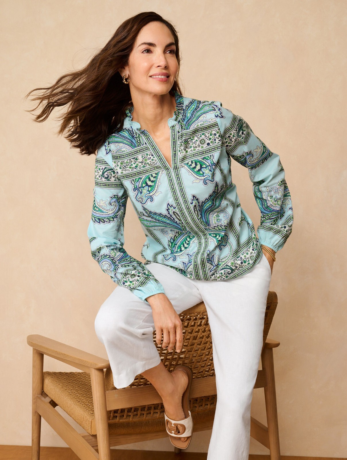 Ruffle Neck Top – Floral Paisley at Talbots NWT $109, color IVORY MULTI