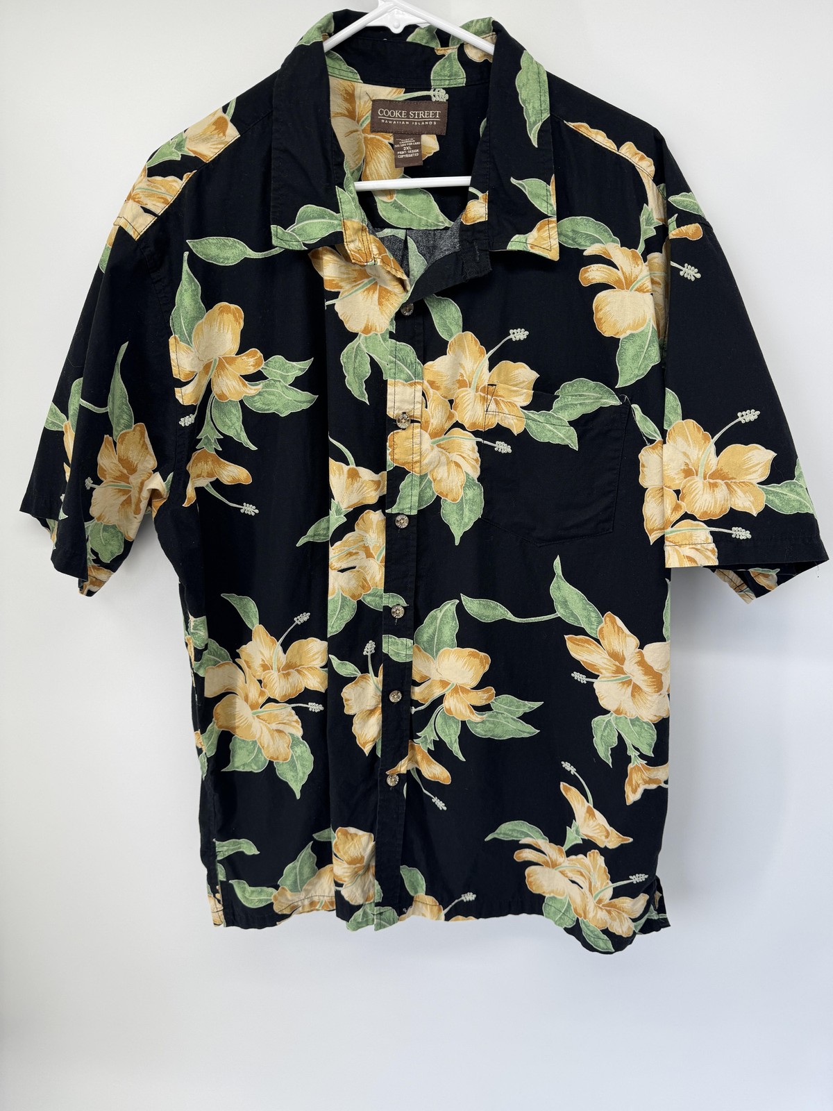 Cooke Street Hawaiian Islands Mens 2XL Black Hibiscus Floral Cotton Aloha Shirt