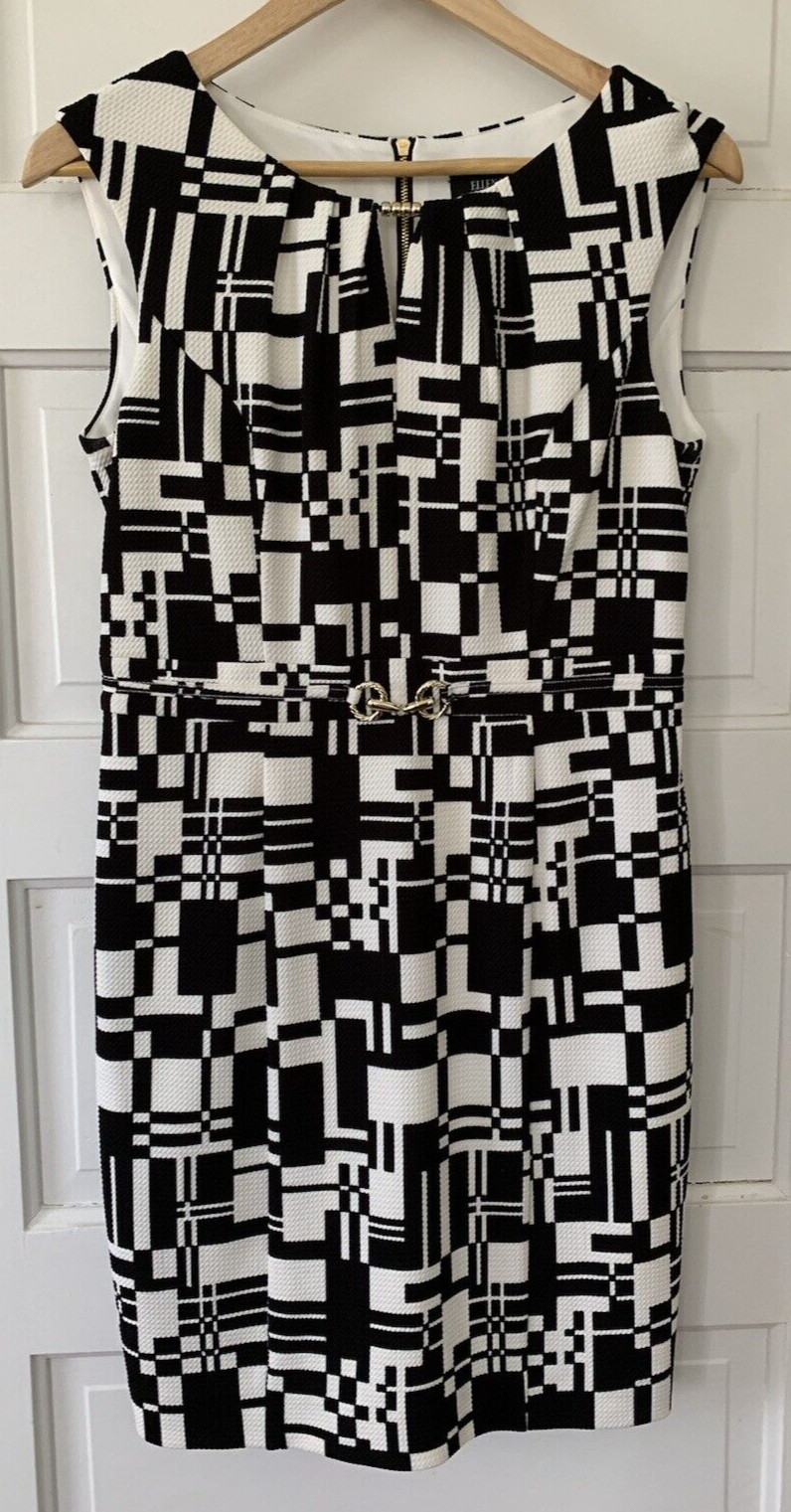 Ellen Tracy Geometric Print Dress 6P Gold Tone Horsebit Style Belt Classic Chic