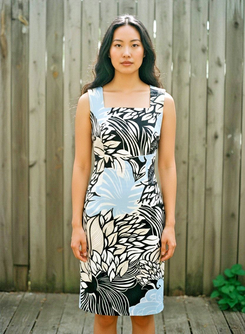 Bonprix Floral Shift Dress UK 12 Black Blue Cotton Square Neck Sun Summer Knee