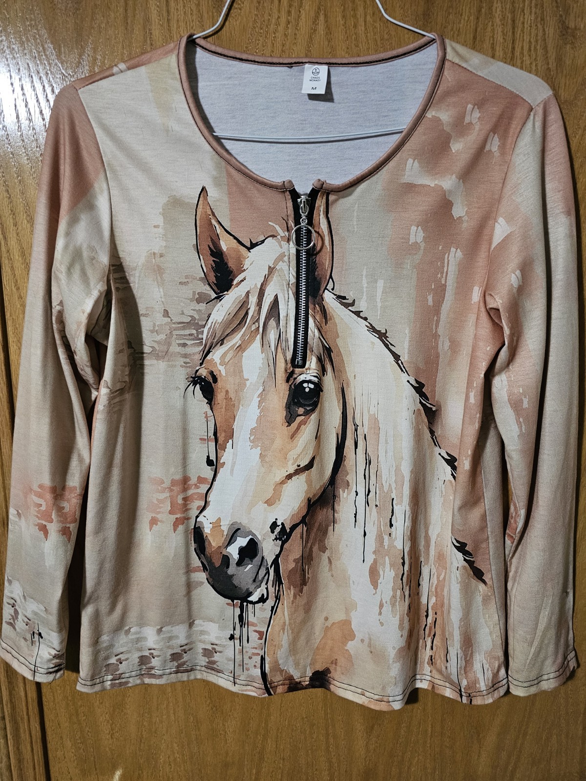 Women’s Horse Long Sleeve, 1/2 Zipper T-Shirt, Tan/Brown, Medium
