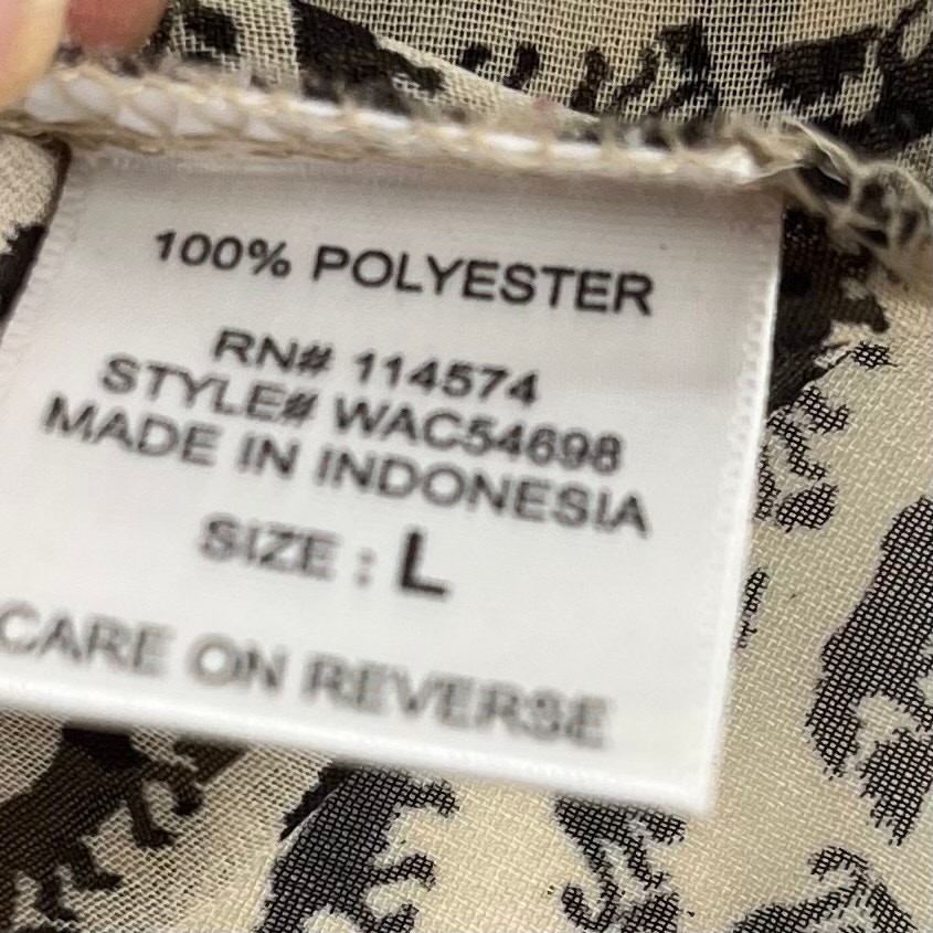Pleione Beige Elephant Print Collared Button Front Sheer Chiffon Blouse Size L