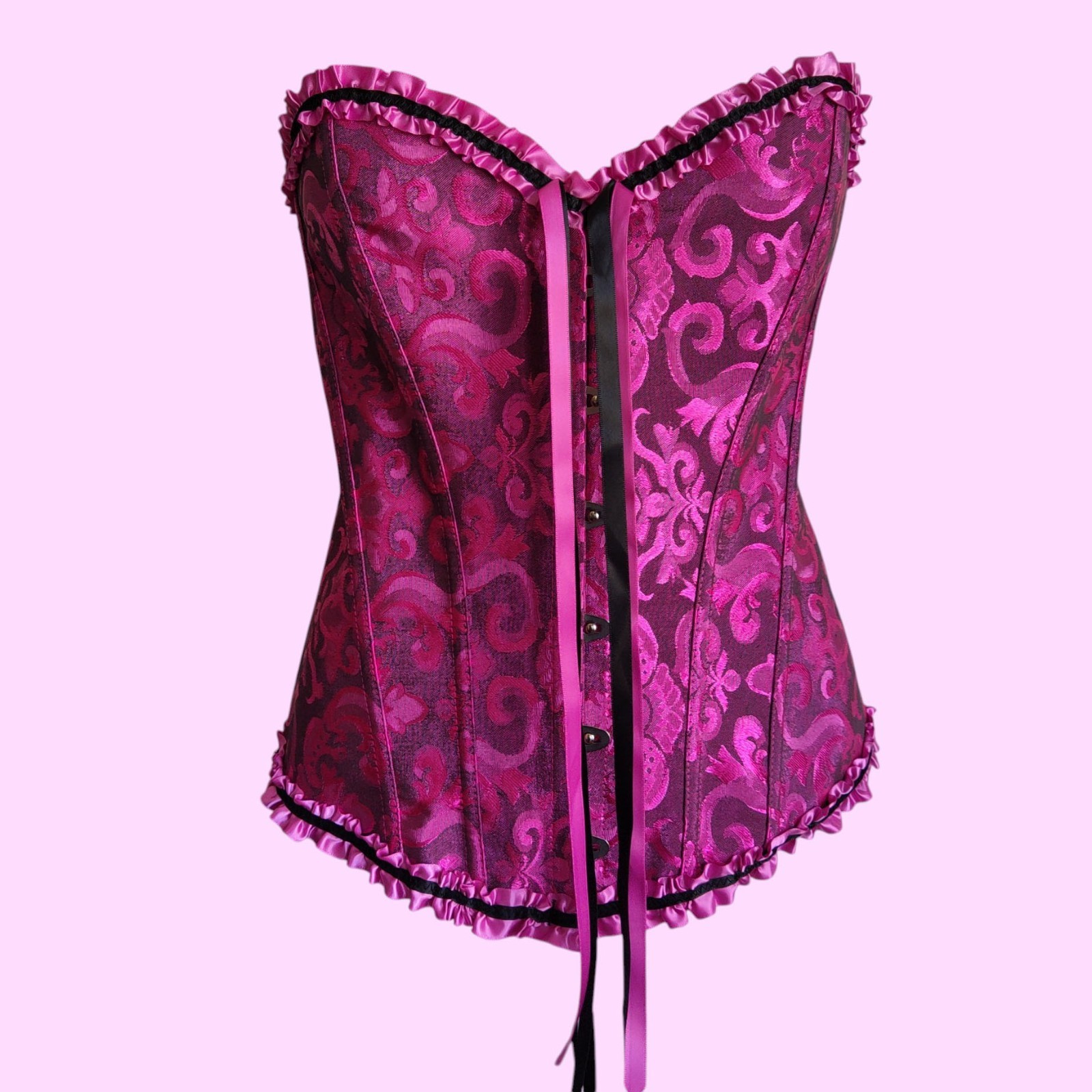 Ribbon Lace Back Over Bust Boned Corset Top Ruffle Regency Goth Damask Sz S