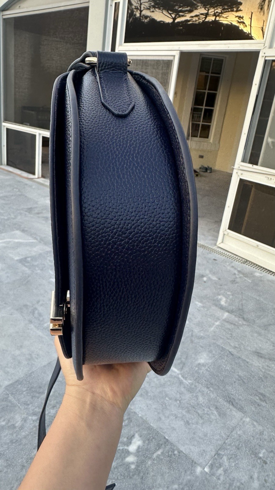 Cole Haan Evie Leather Saddle Bag Dark Navy Blue