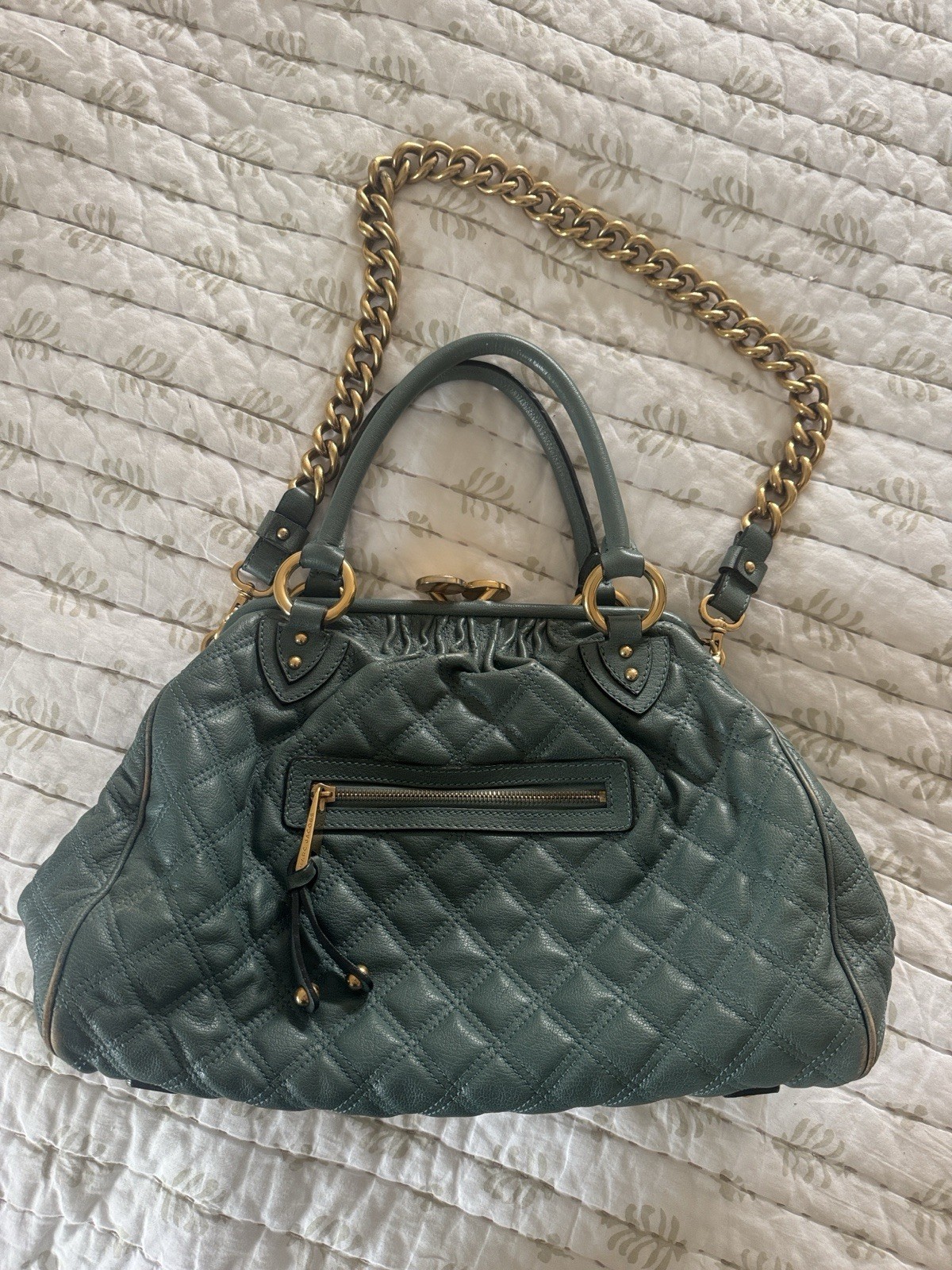 Marc Jacobs Large Blue/Green Quilted Leather Stam Bag with Gold Chain