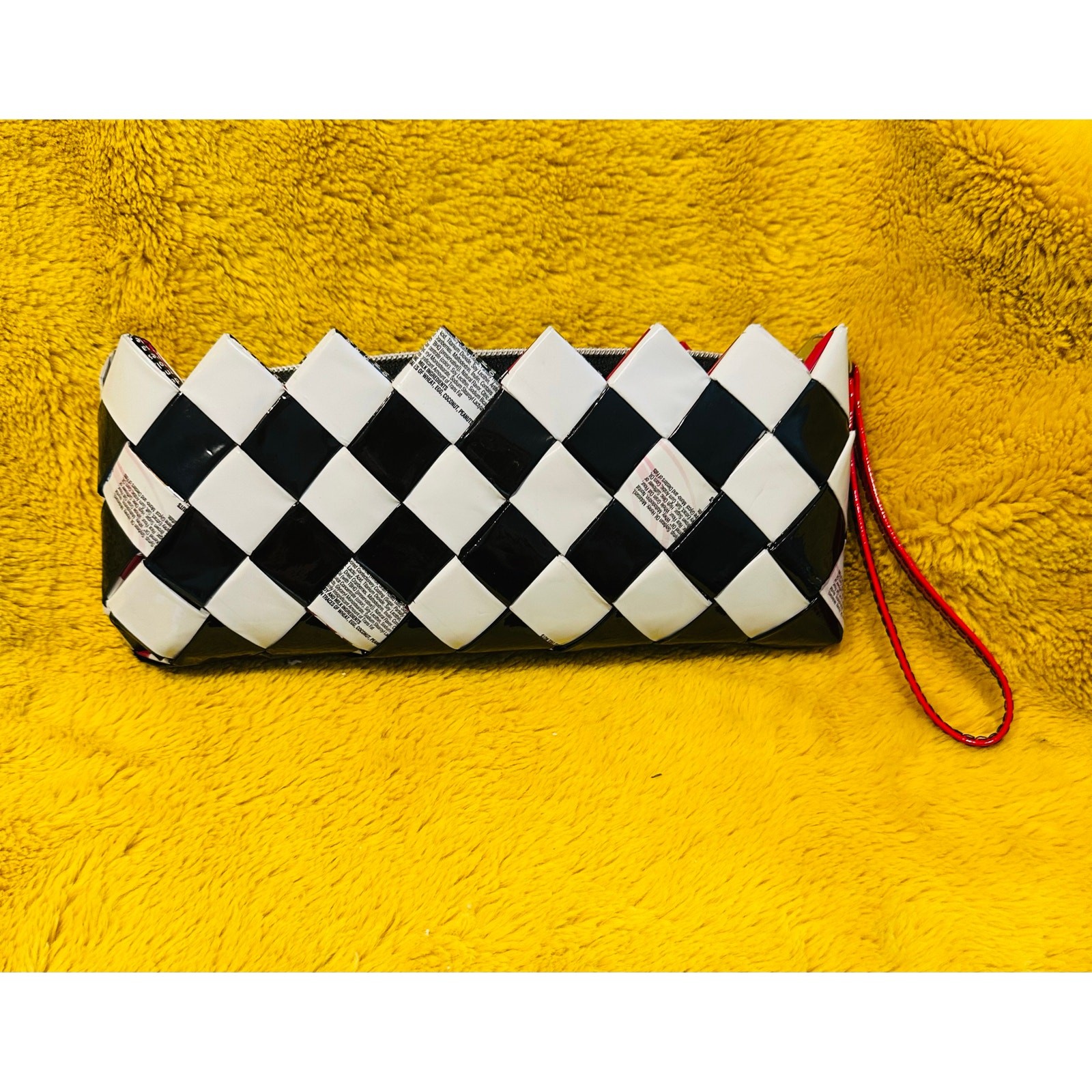 Nahui Ollin Clutch Bag Purse Recycled Candy Wrapper Black White Red Zig Zag