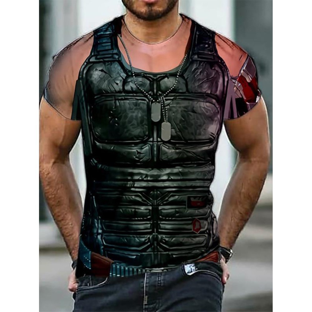 Men-3D Muscle Tattoo Print T-Shirt Short Sleeve Digital Printing Shirts Tops`Tee