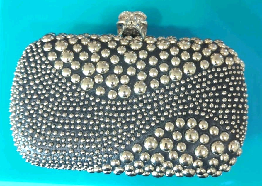 ALEXANDER MCQUEEN Bubble Stud Britannia Box Clutch Bag Purse Black Silver $1785*