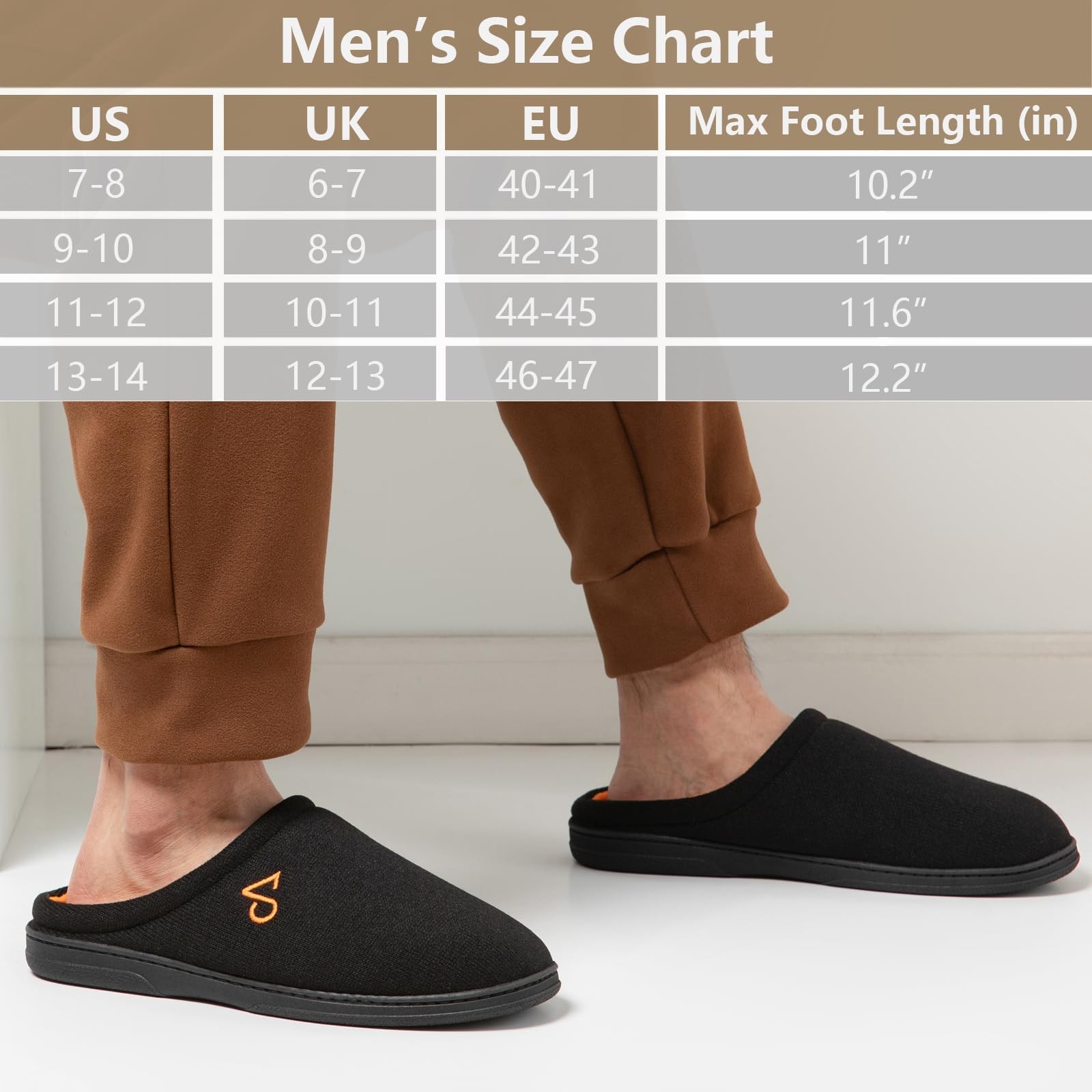 COZYAREA Men’s Cozy House Slippers Indoor Shoes Memory 13-14, Black/Orange
