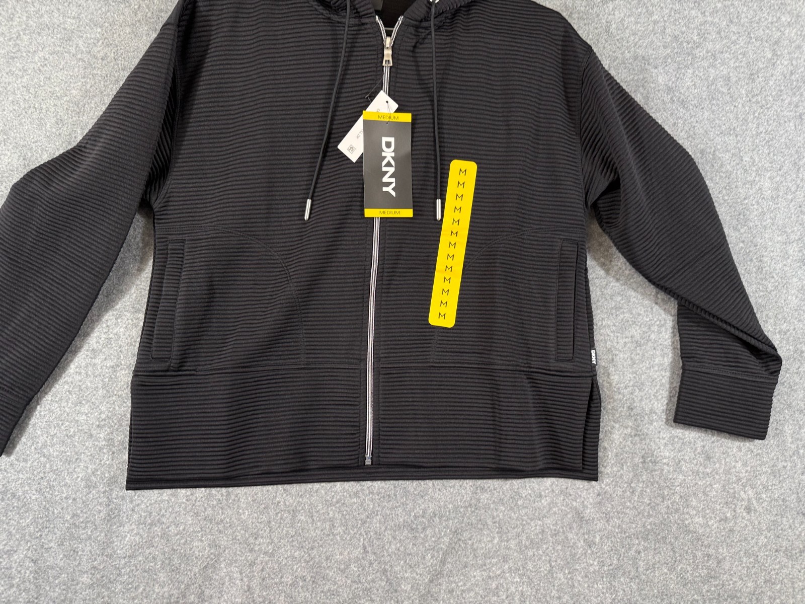 DKNY Ottoman Full Zip Hoodie Womens Medium Black Stretch Lined Drawstring NWT