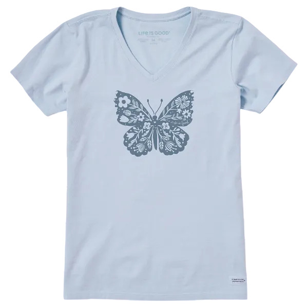 Life is Good. Women’s Floral Woodcut Butterfly Short Sleeve Crusher Vee