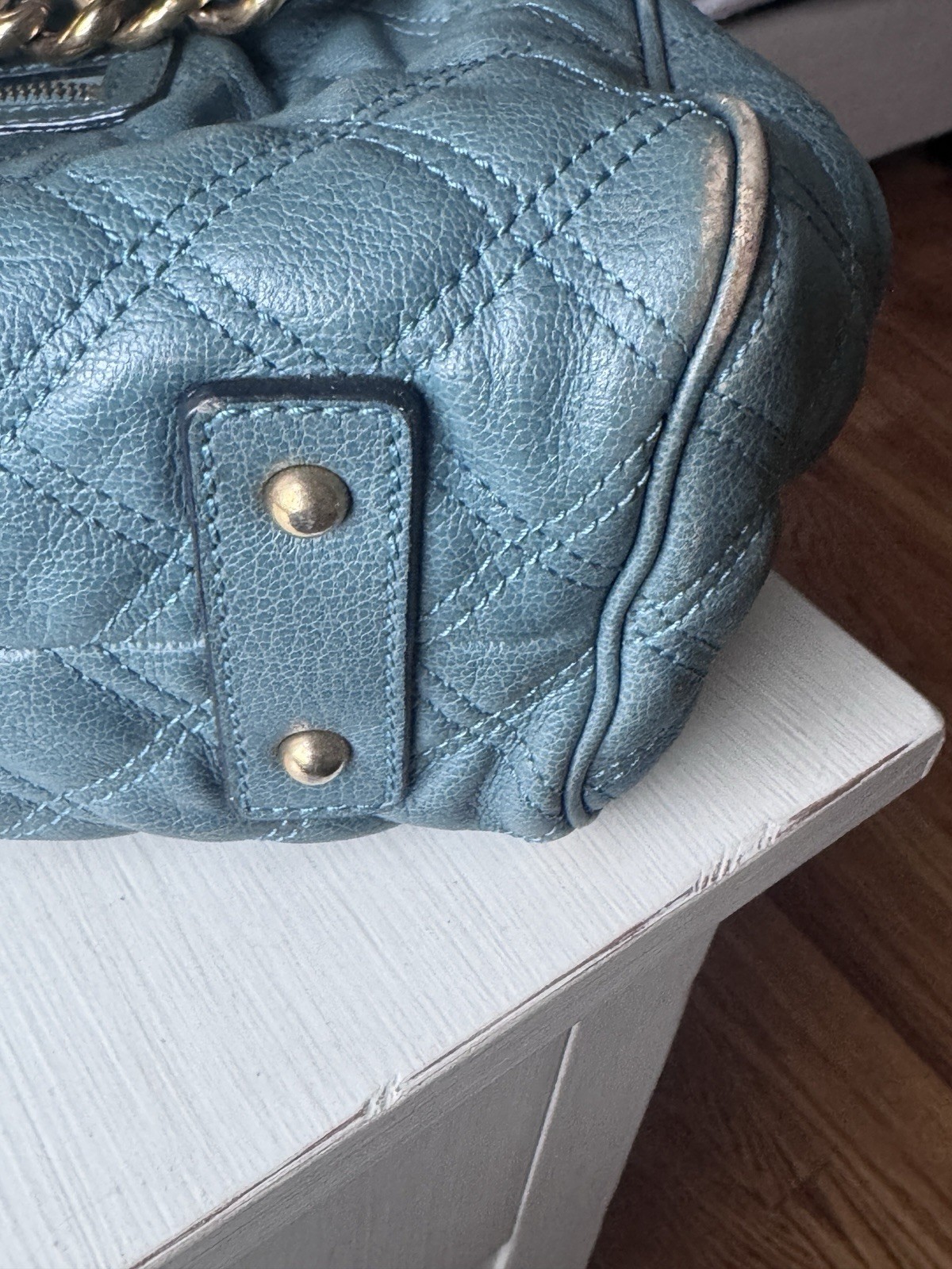 Marc Jacobs Large Blue/Green Quilted Leather Stam Bag with Gold Chain