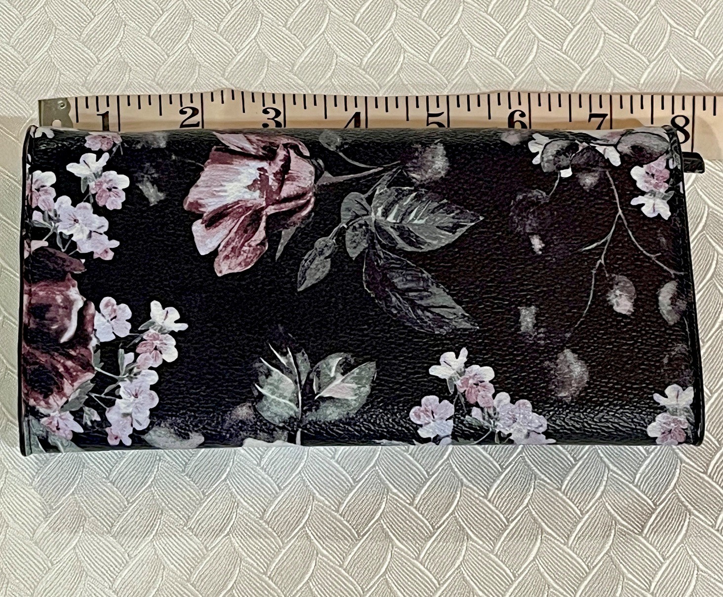 Black Floral Wallet Snap Front Multi Pocket Zip Interior Gold