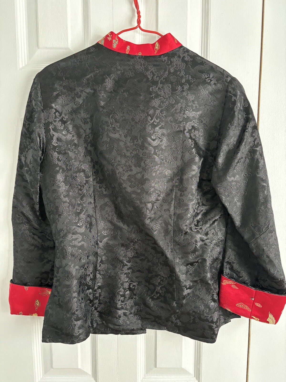 Asian Women’s Kimono Style Blazer Jacket Top Black and Red Trim Satin Size Small